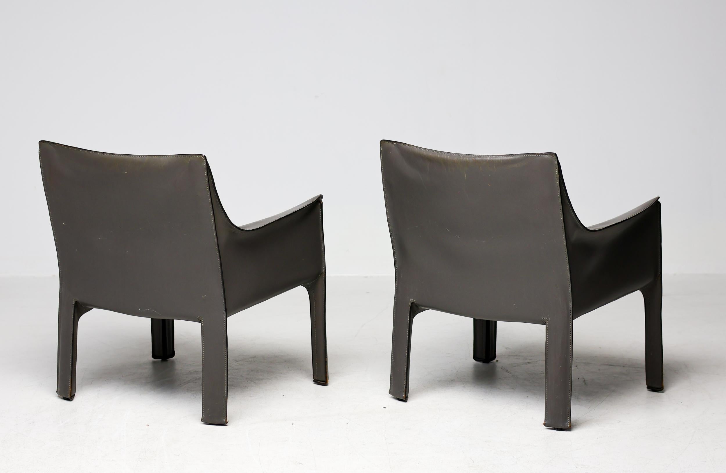 Steel Pair of Early Elephant Hide Grey Cassina Cab 414 Lounge Chairs by Mario Bellini For Sale