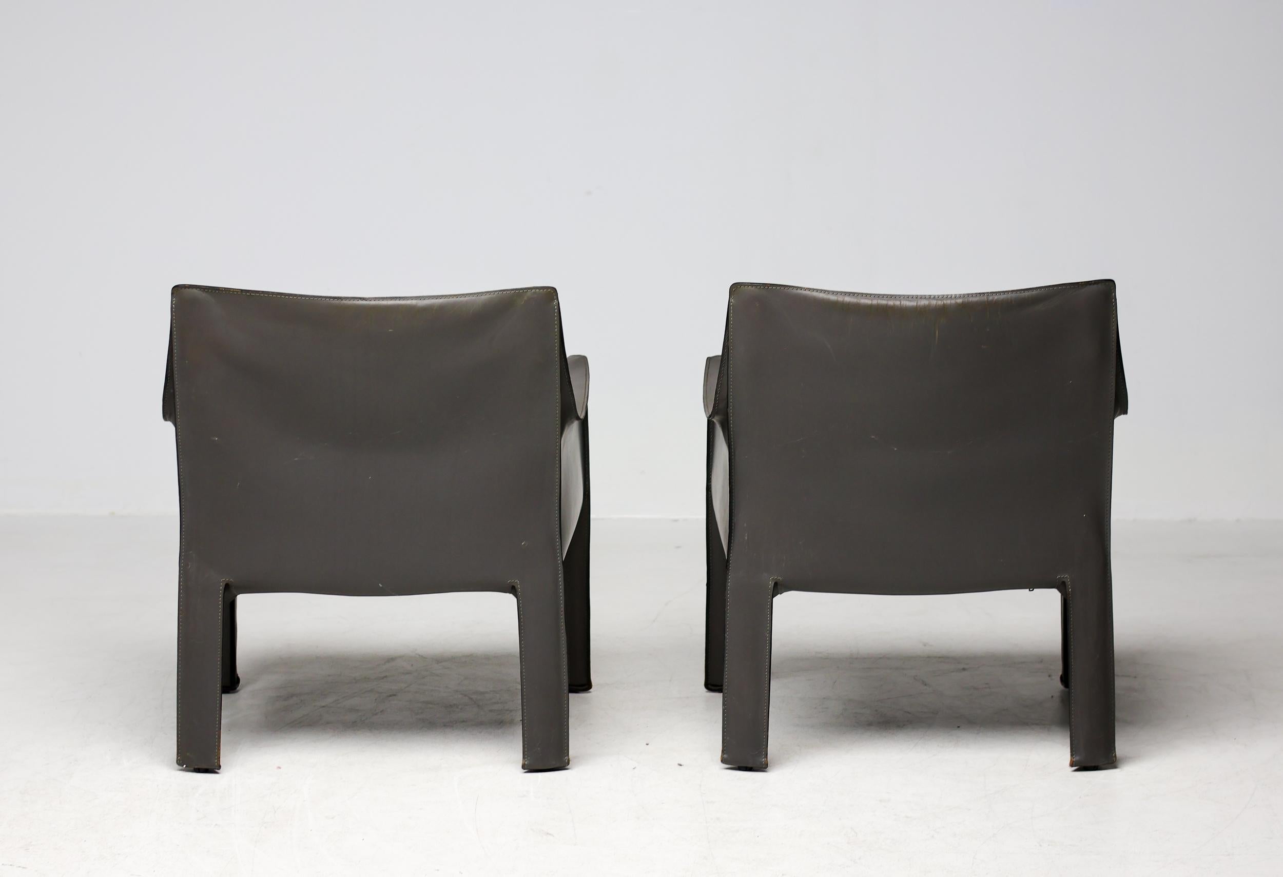 Pair of Early Elephant Hide Grey Cassina Cab 414 Lounge Chairs by Mario Bellini For Sale 1