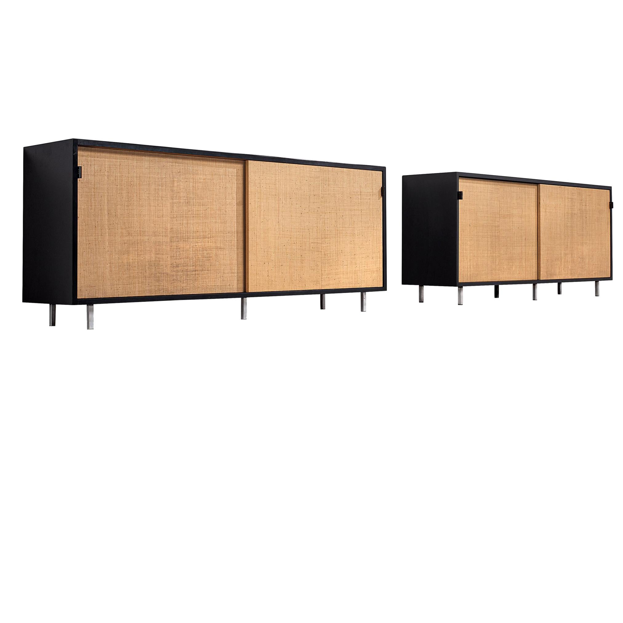 Pair of Early Florence Knoll Credenzas with Cane Sliding Doors