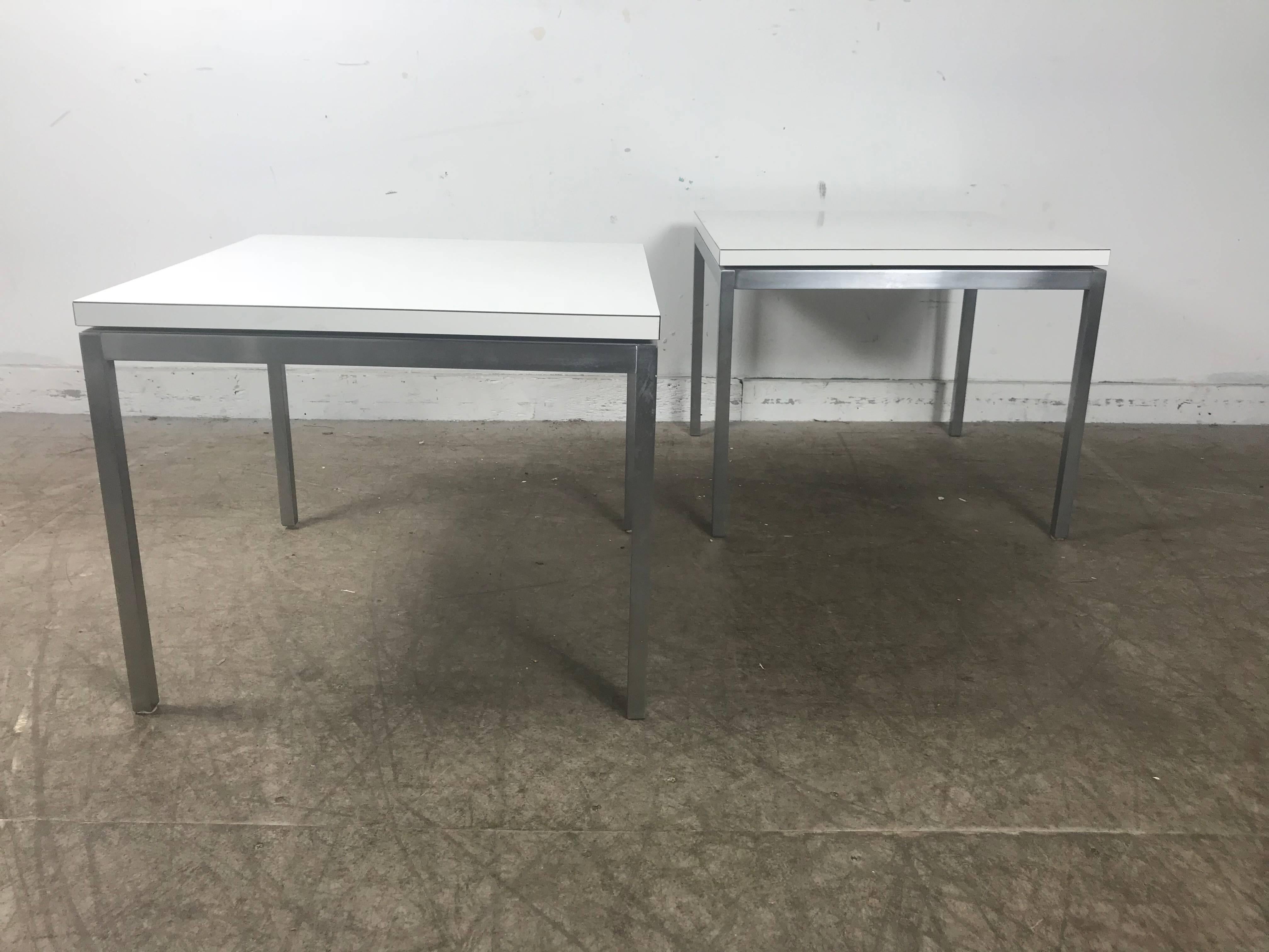 Pair of Early Florence Knoll for Knoll Stainless Steel and Laminate Side Tables 1