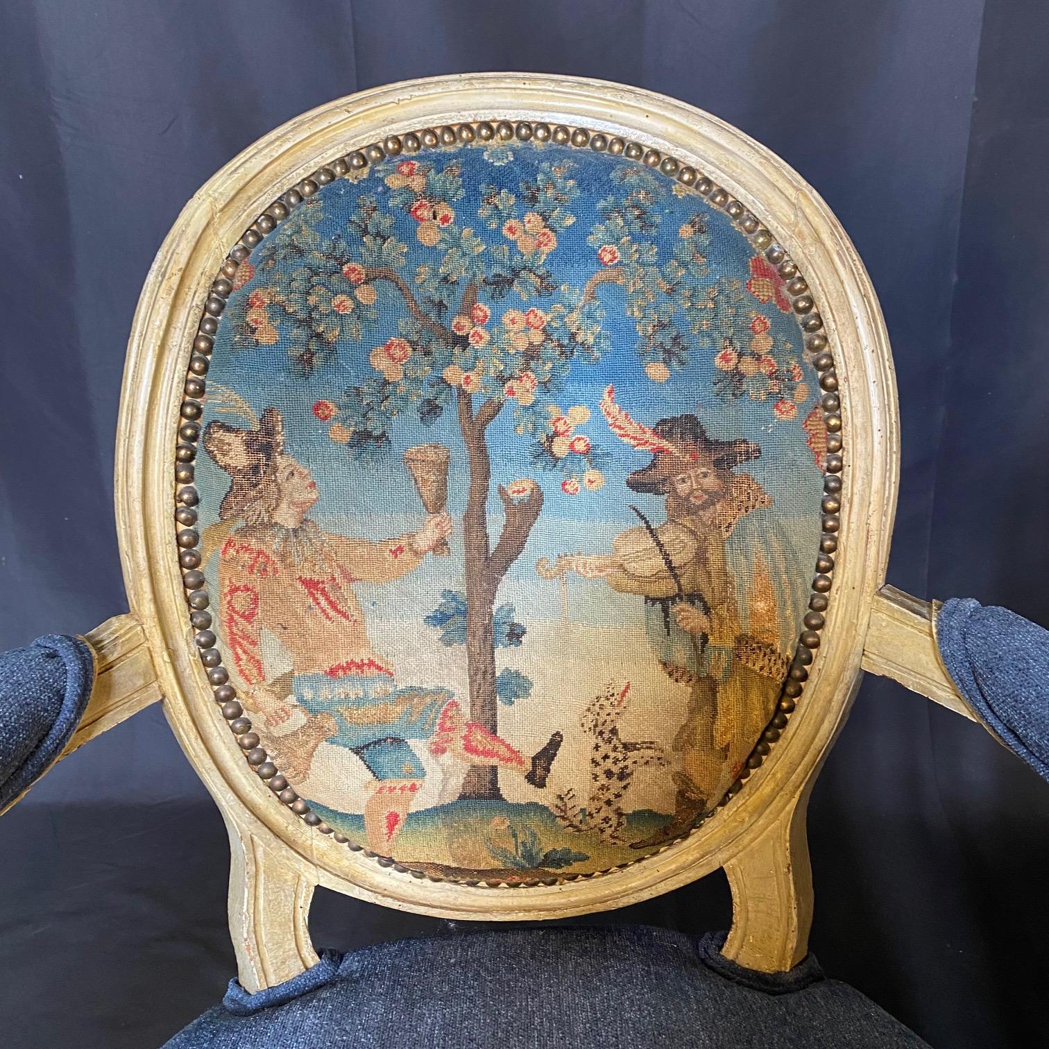Pair of Early French Louis XVI Painted Armchairs with Stunning Aubusson Tapestry For Sale 7