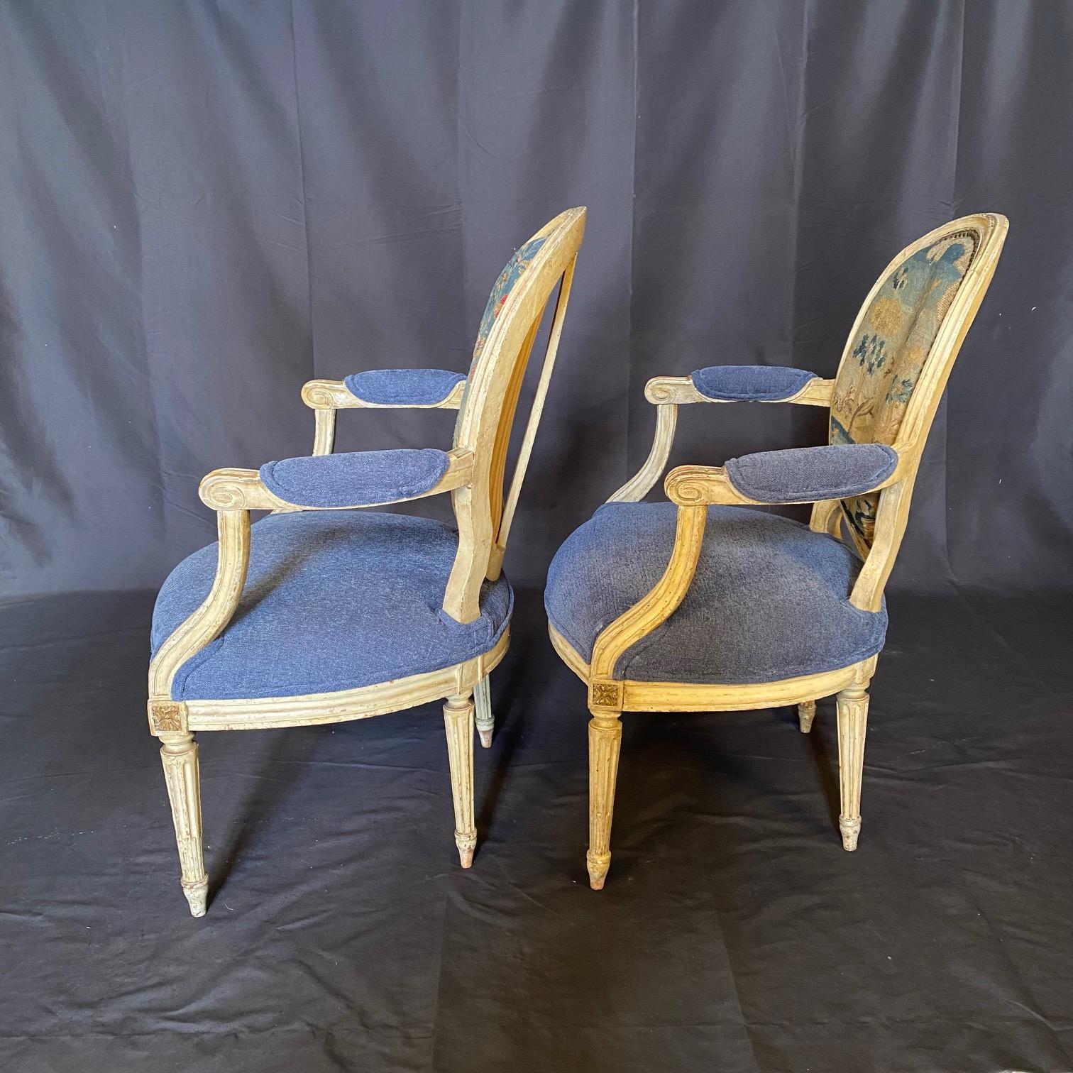 18th Century Pair of Early French Louis XVI Painted Armchairs with Stunning Aubusson Tapestry For Sale