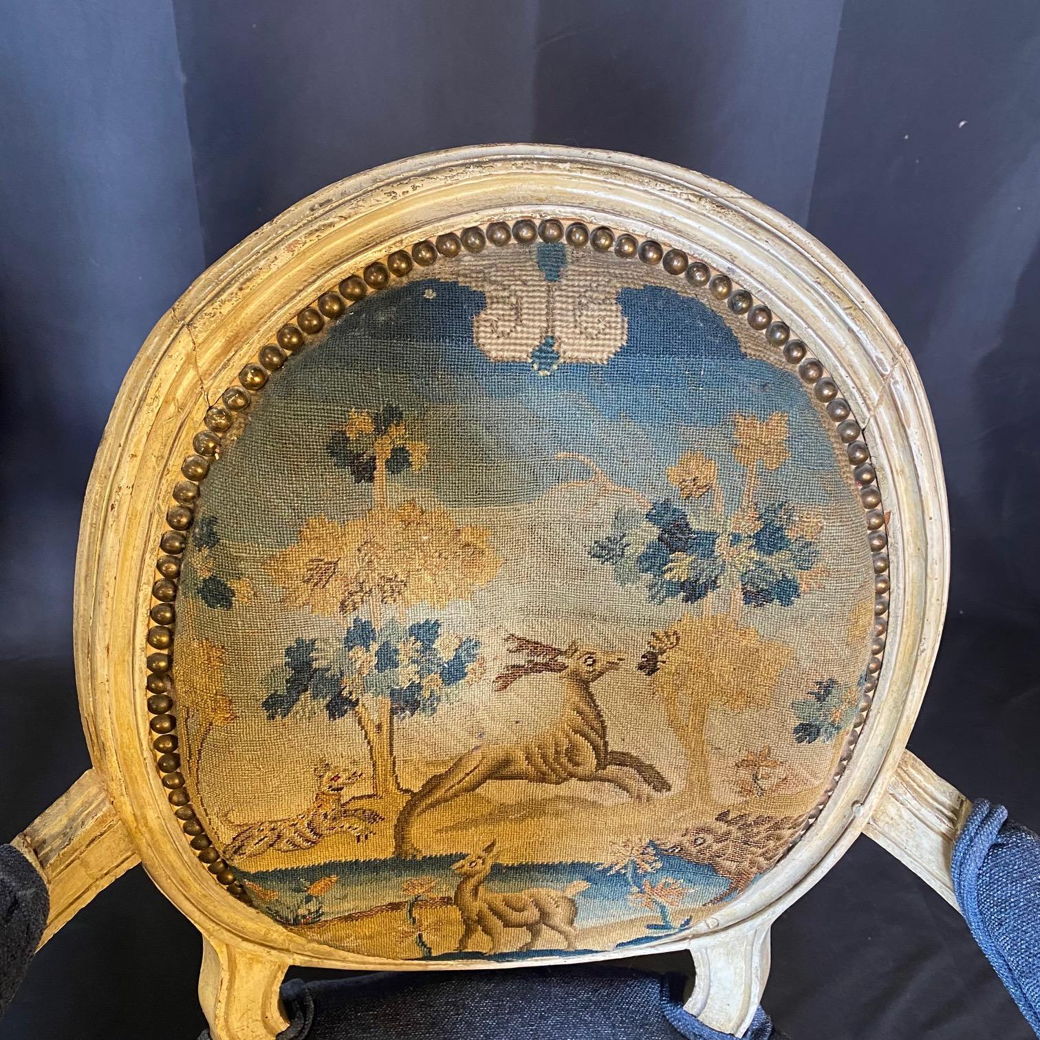 Pair of Early French Louis XVI Painted Armchairs with Stunning Aubusson Tapestry For Sale 2