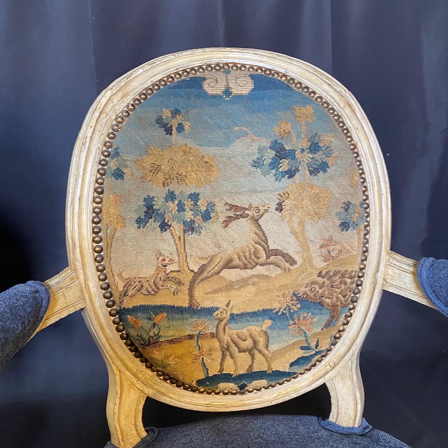 Pair of Early French Louis XVI Painted Armchairs with Stunning Aubusson Tapestry For Sale 3