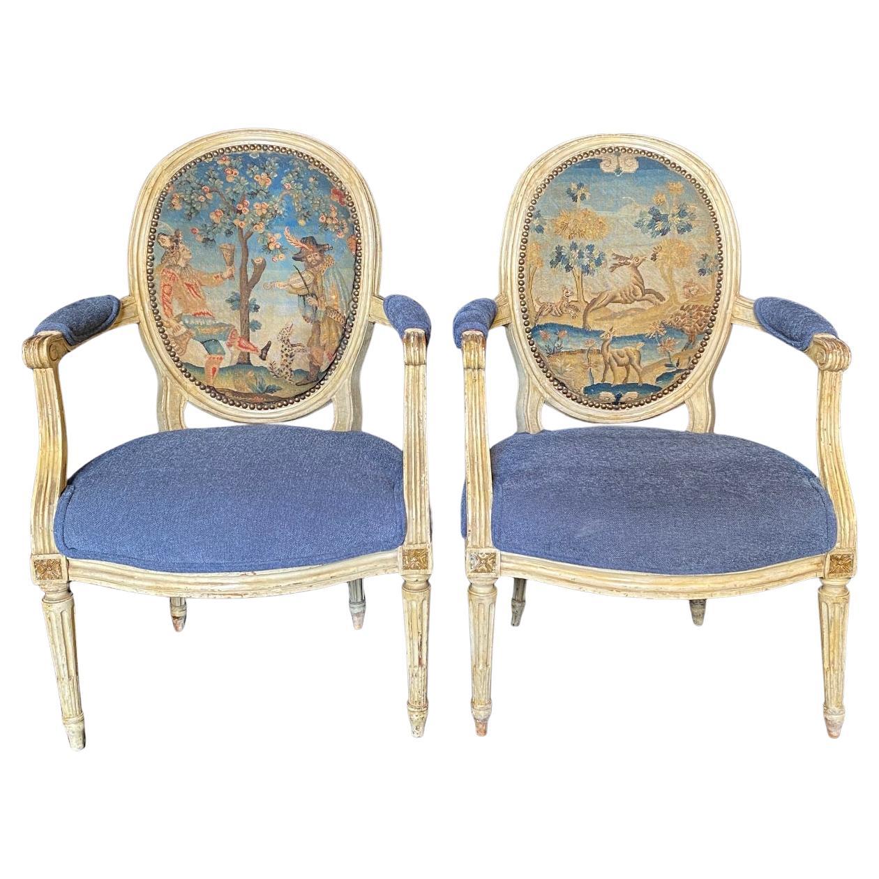 Pair of Early French Louis XVI Painted Armchairs with Stunning Aubusson Tapestry For Sale