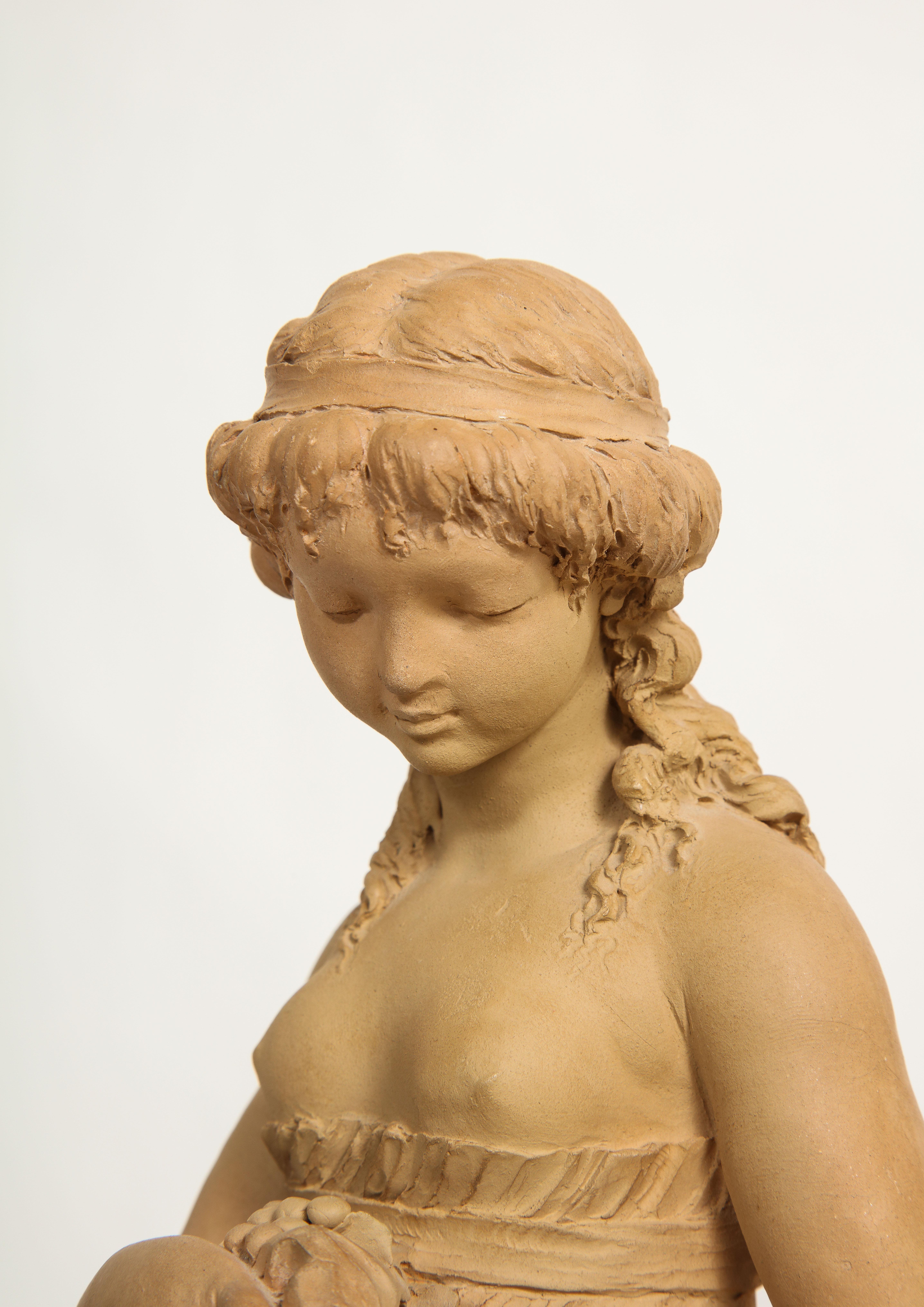 Pair of Early French Terracotta Figures of Pomona and a Girl, Signed Clodion For Sale 2