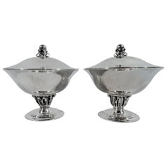 Pair of Early Georg Jensen Hand-Hammered Covered Compotes