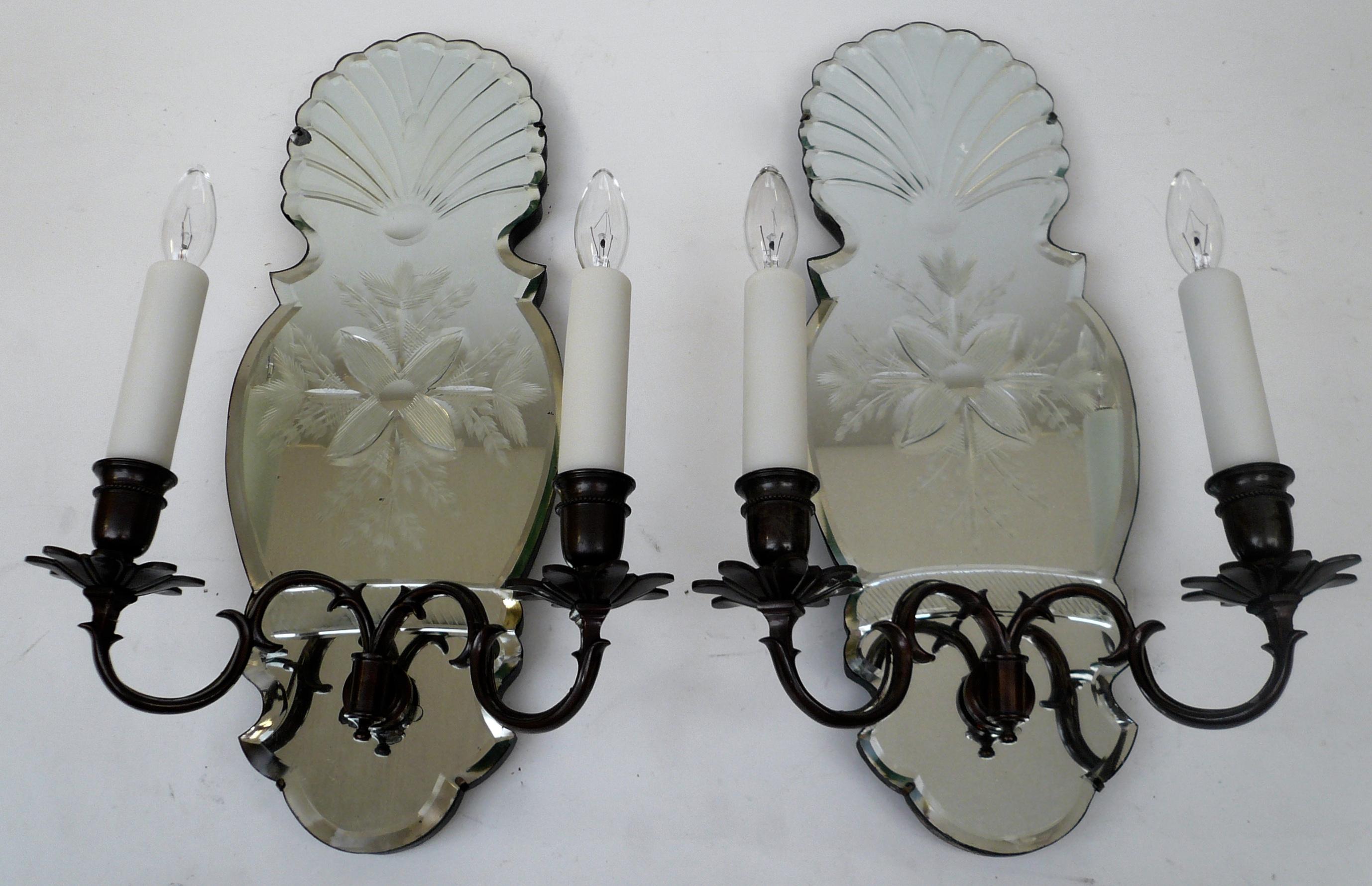 George I Pair of Early Georgian Style Wheel Cut Mirror Back Two-Light Sconces For Sale