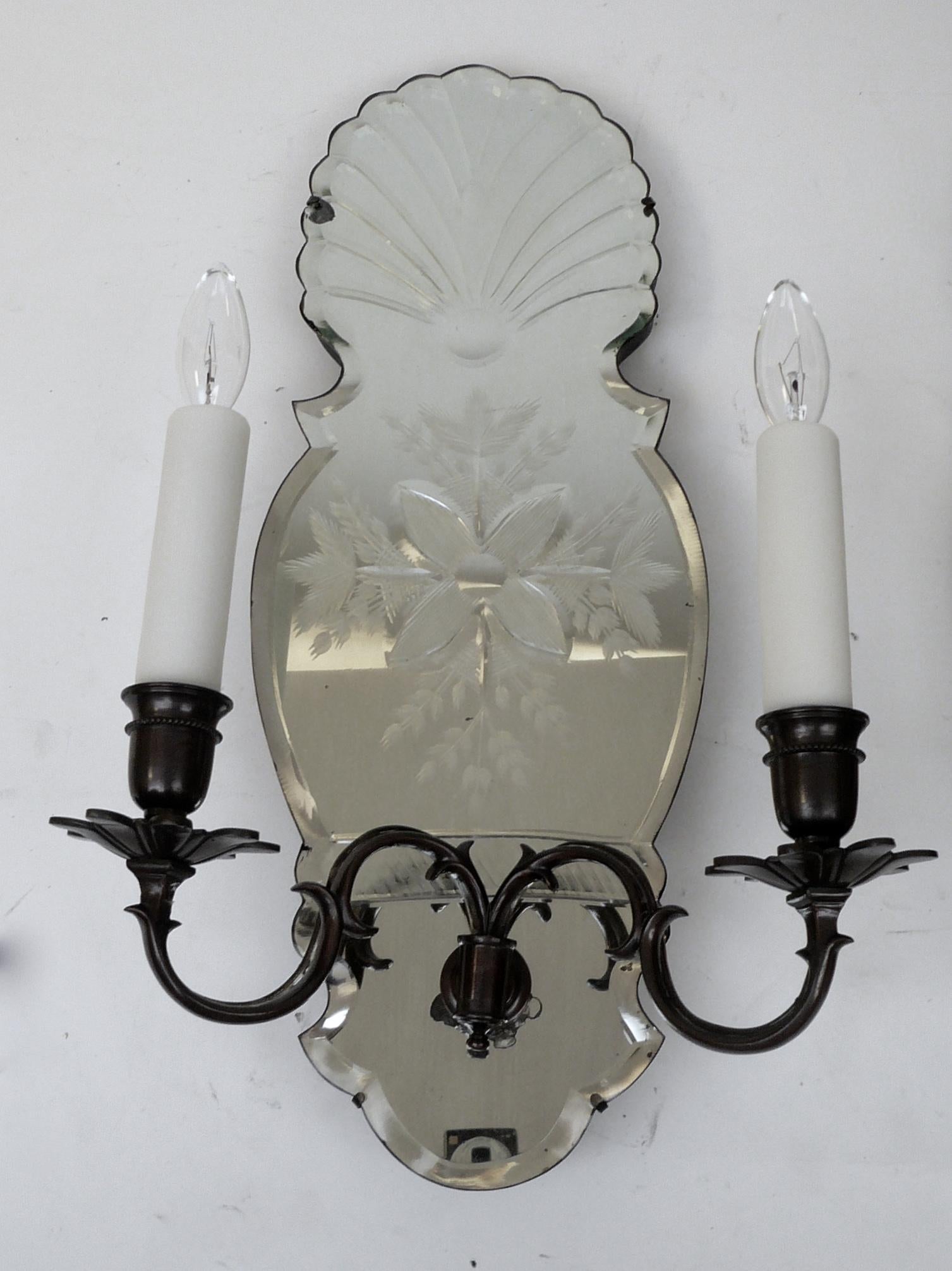 English Pair of Early Georgian Style Wheel Cut Mirror Back Two-Light Sconces For Sale