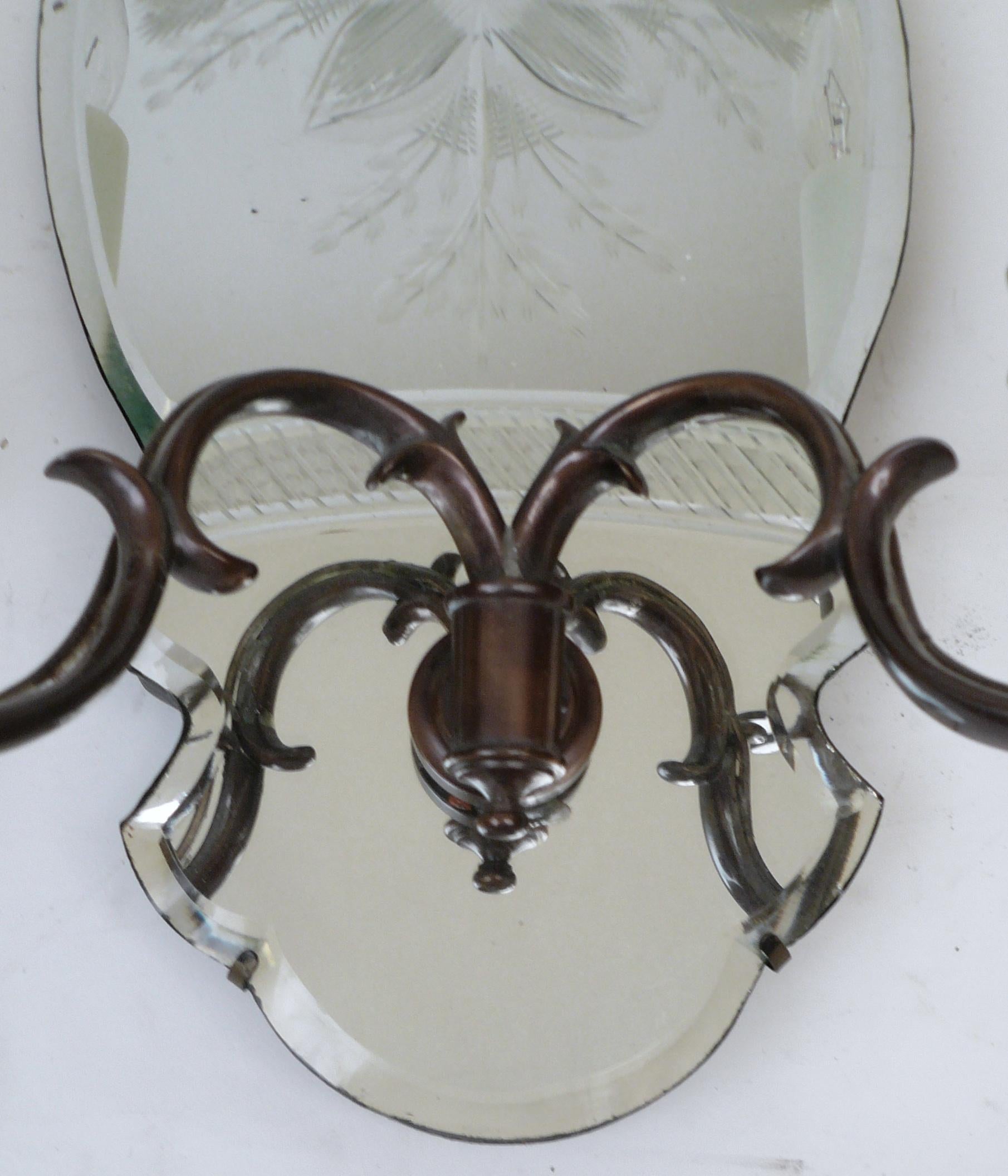 20th Century Pair of Early Georgian Style Wheel Cut Mirror Back Two-Light Sconces For Sale