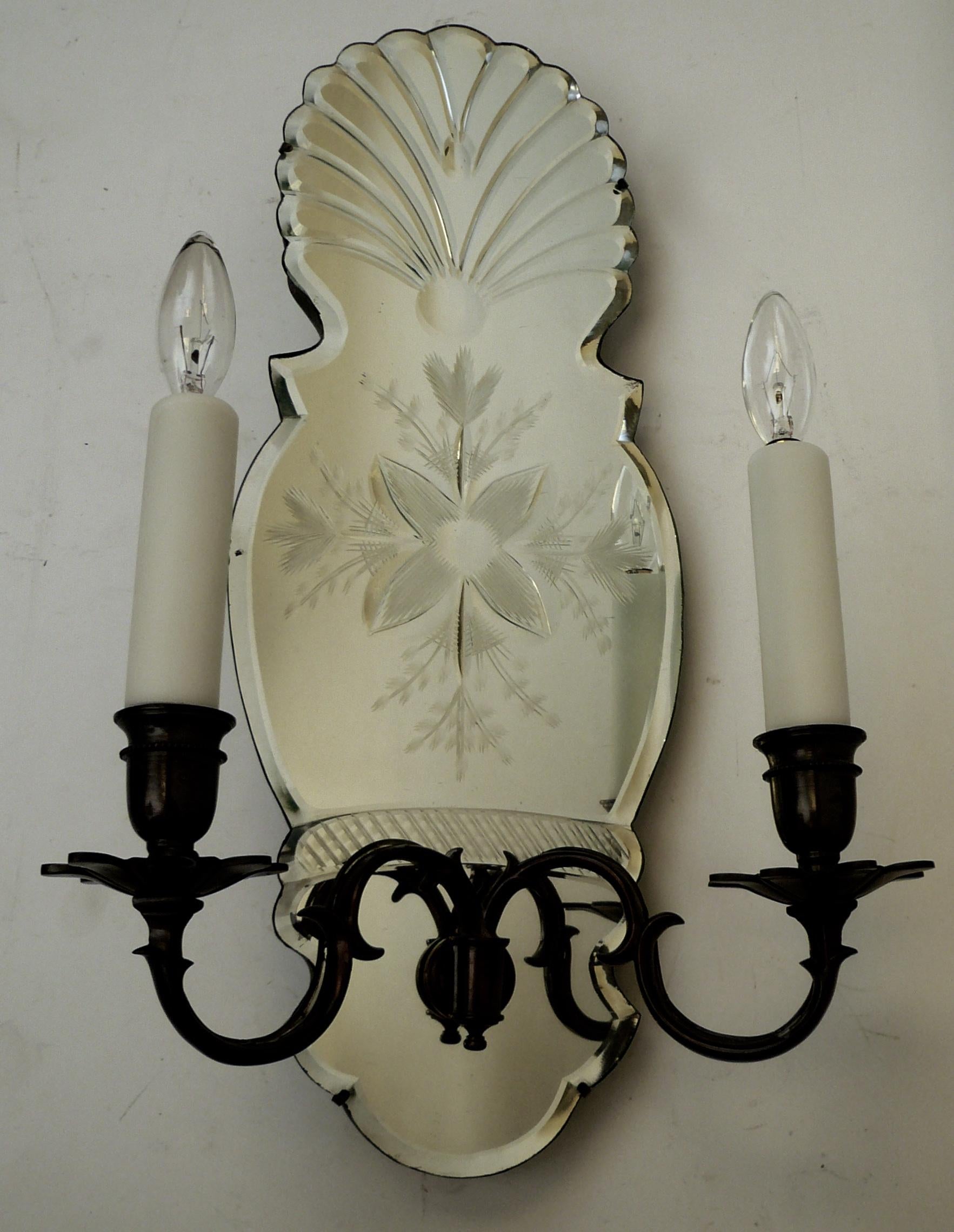 Bronze Pair of Early Georgian Style Wheel Cut Mirror Back Two-Light Sconces For Sale