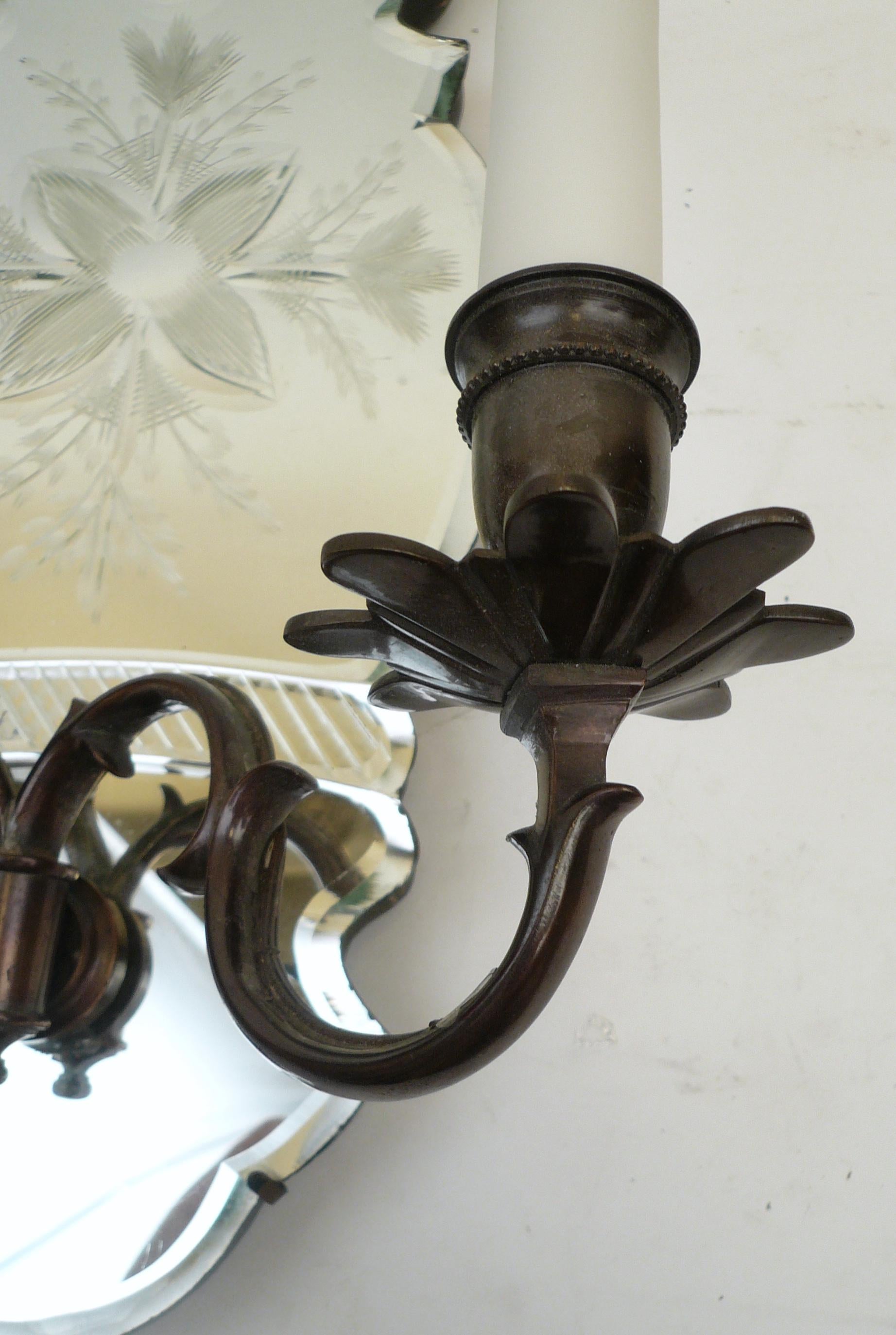 Pair of Early Georgian Style Wheel Cut Mirror Back Two-Light Sconces For Sale 1