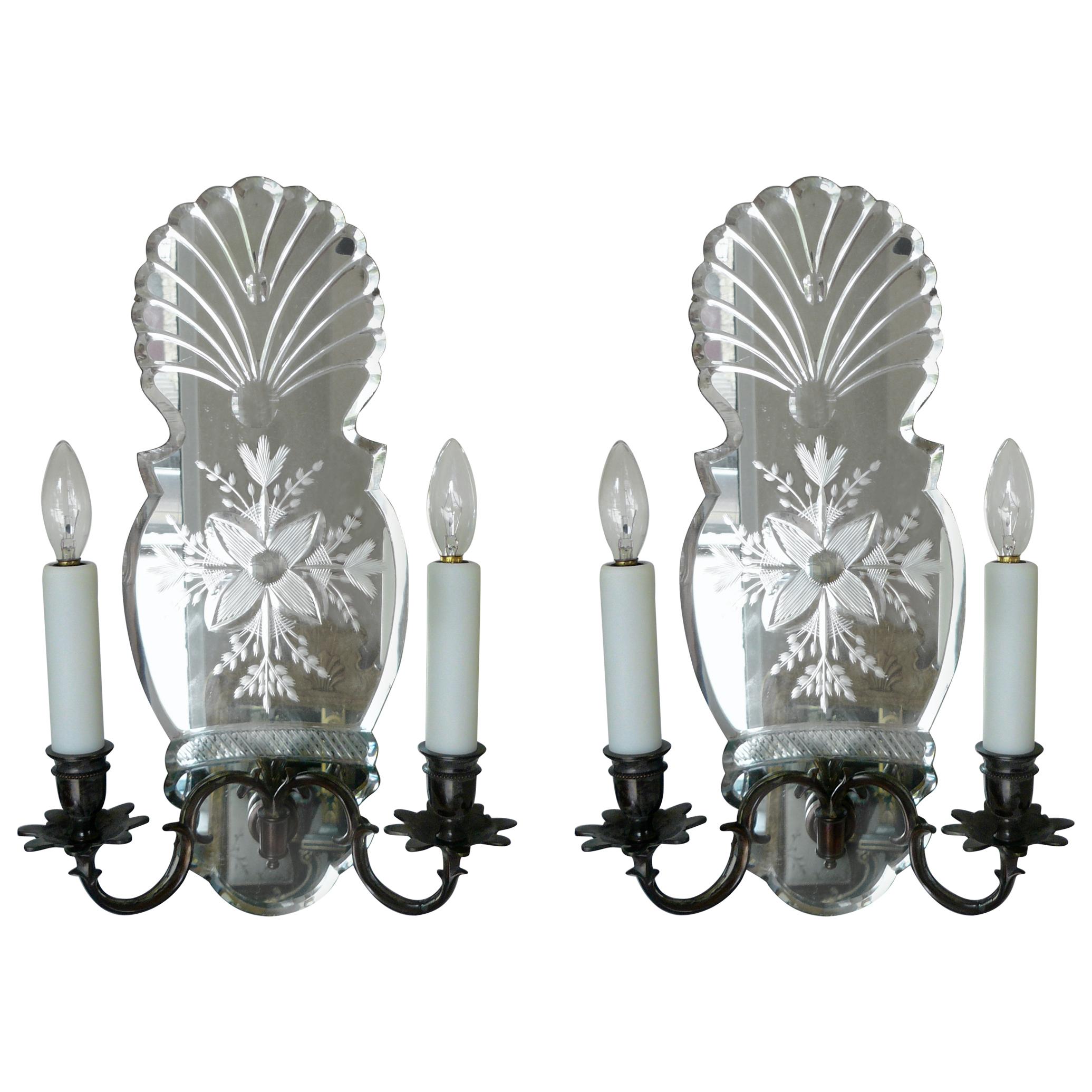 Pair of Early Georgian Style Wheel Cut Mirror Back Two-Light Sconces
