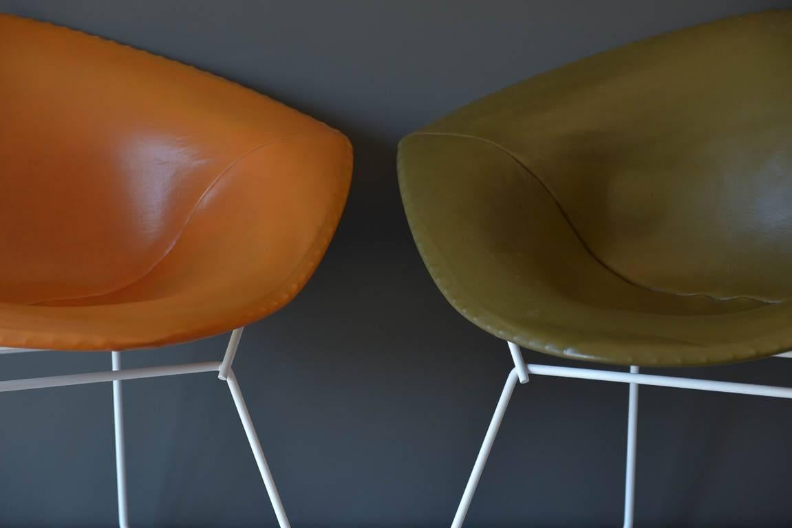 American Pair of Early Harry Bertoia for Knoll Diamond Chairs with Original Leather Cover