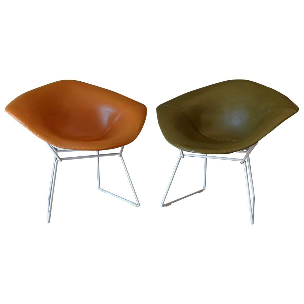 Pair of Early Harry Bertoia for Knoll Diamond Chairs with Original Leather Cover