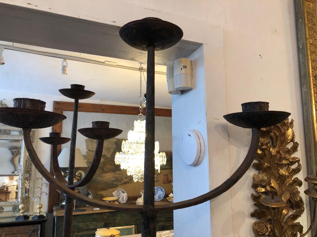 Pair of Early Italian Cast Iron Standing Floor Candelabras with Three Arms In Good Condition In Washington, DC