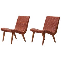 Pair of Early Jens Risom 654W Lounge Chairs by Knoll with Leather Webbing