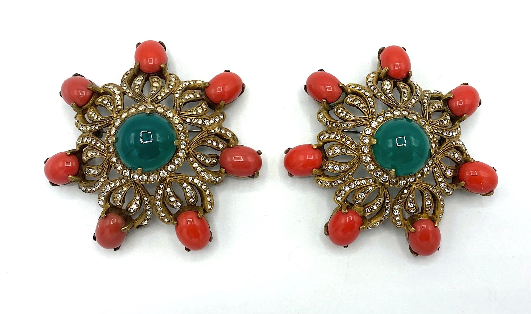 Pair of Early Kenneth Jay Lane K.J.L. Gold, Coral & Emerald Cabochon Pins 7