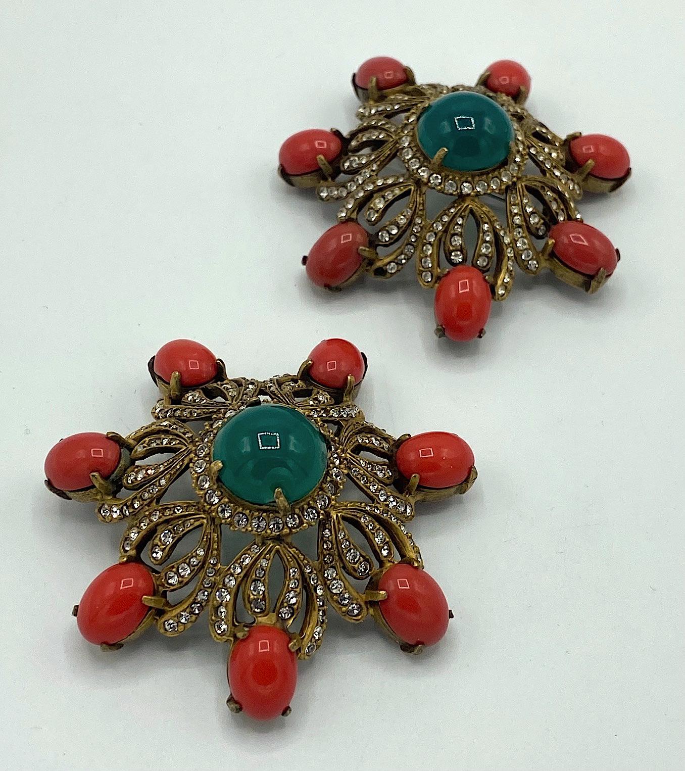 Pair of Early Kenneth Jay Lane K.J.L. Gold, Coral & Emerald Cabochon Pins 8