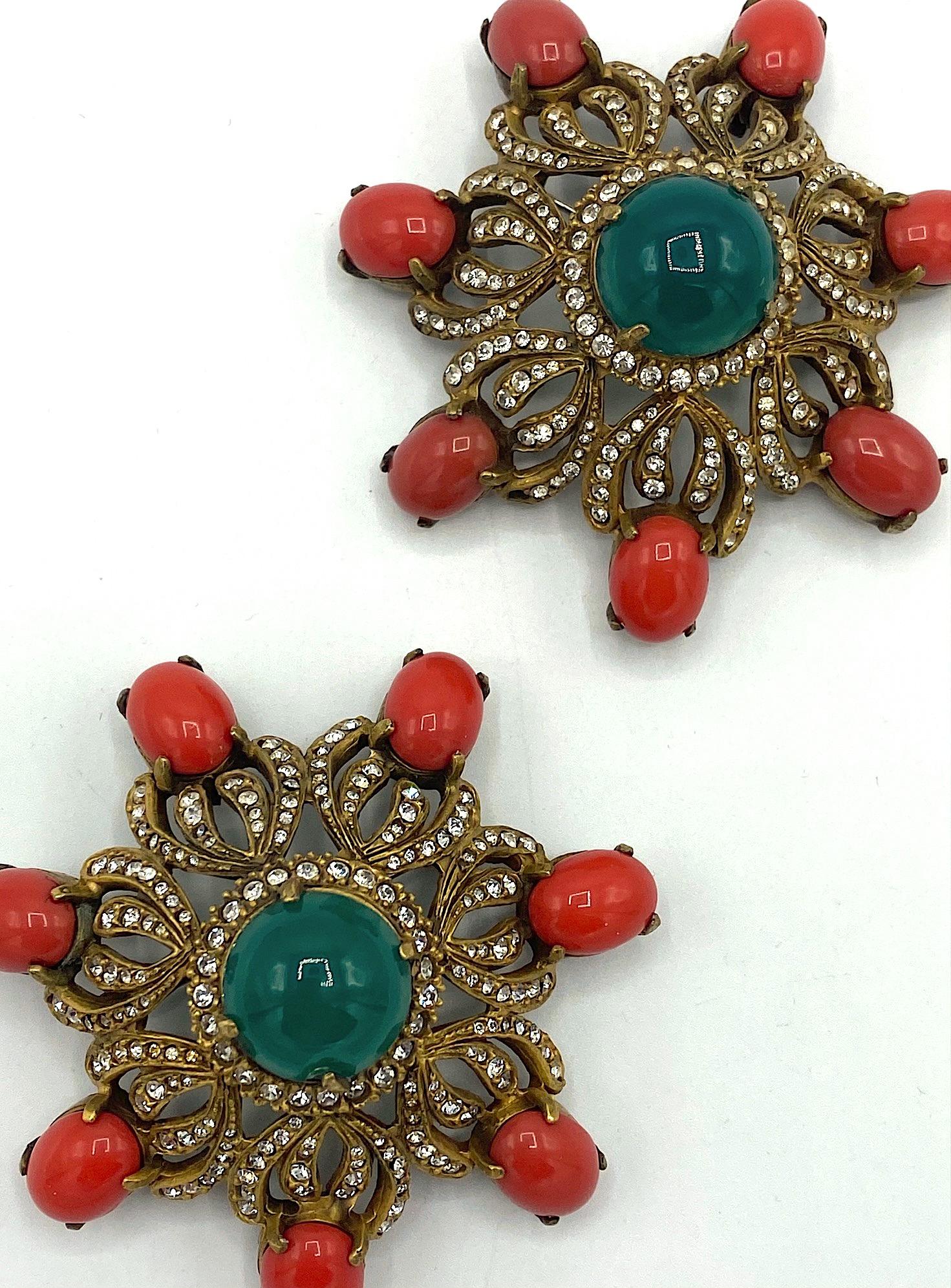 Pair of Early Kenneth Jay Lane K.J.L. Gold, Coral & Emerald Cabochon Pins 9