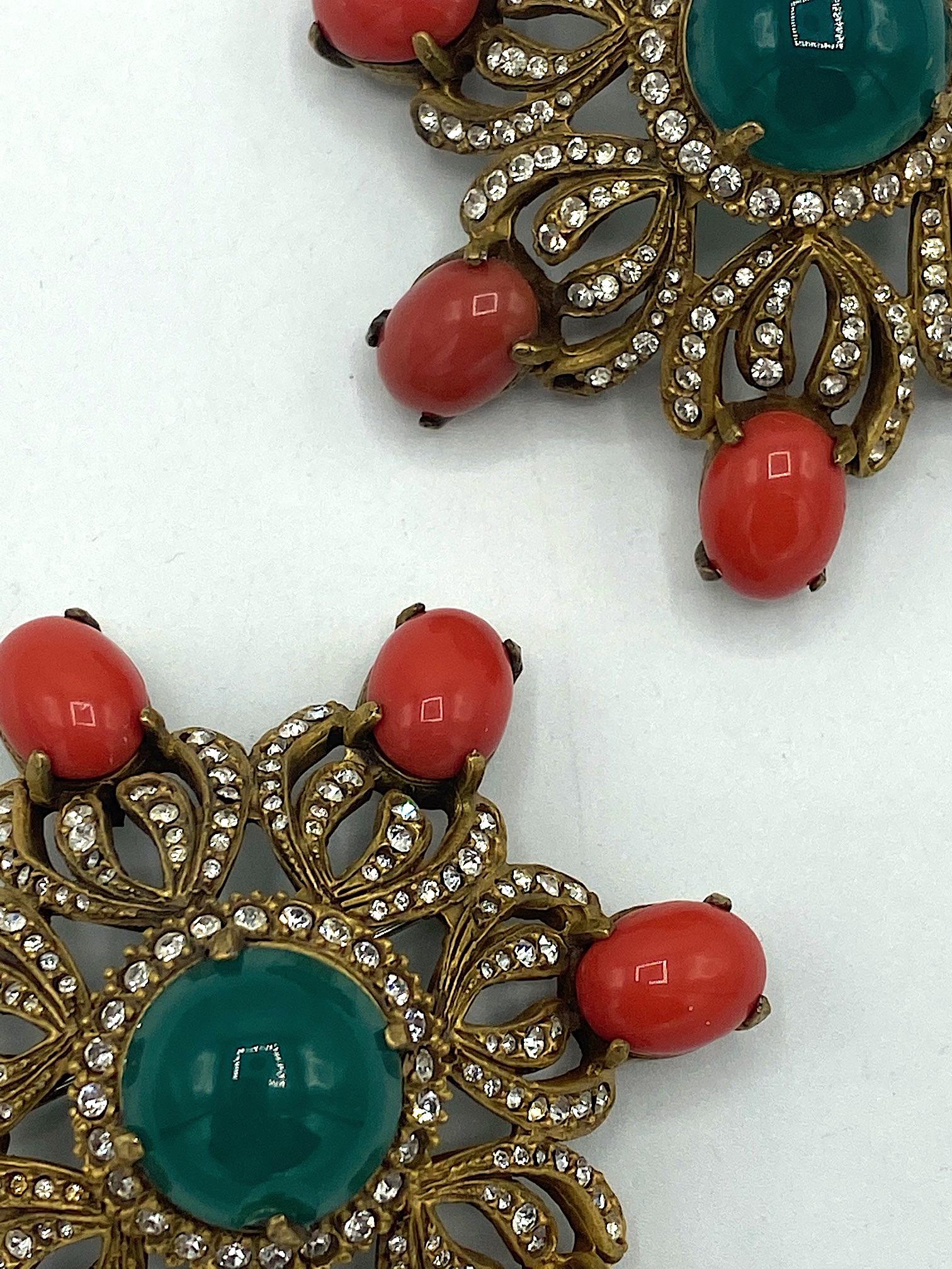Pair of Early Kenneth Jay Lane K.J.L. Gold, Coral & Emerald Cabochon Pins 10