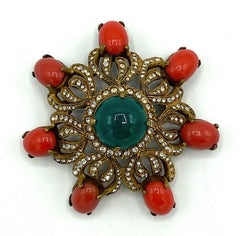 Pair of Early Kenneth Jay Lane K.J.L. Gold, Coral & Emerald Cabochon Pins