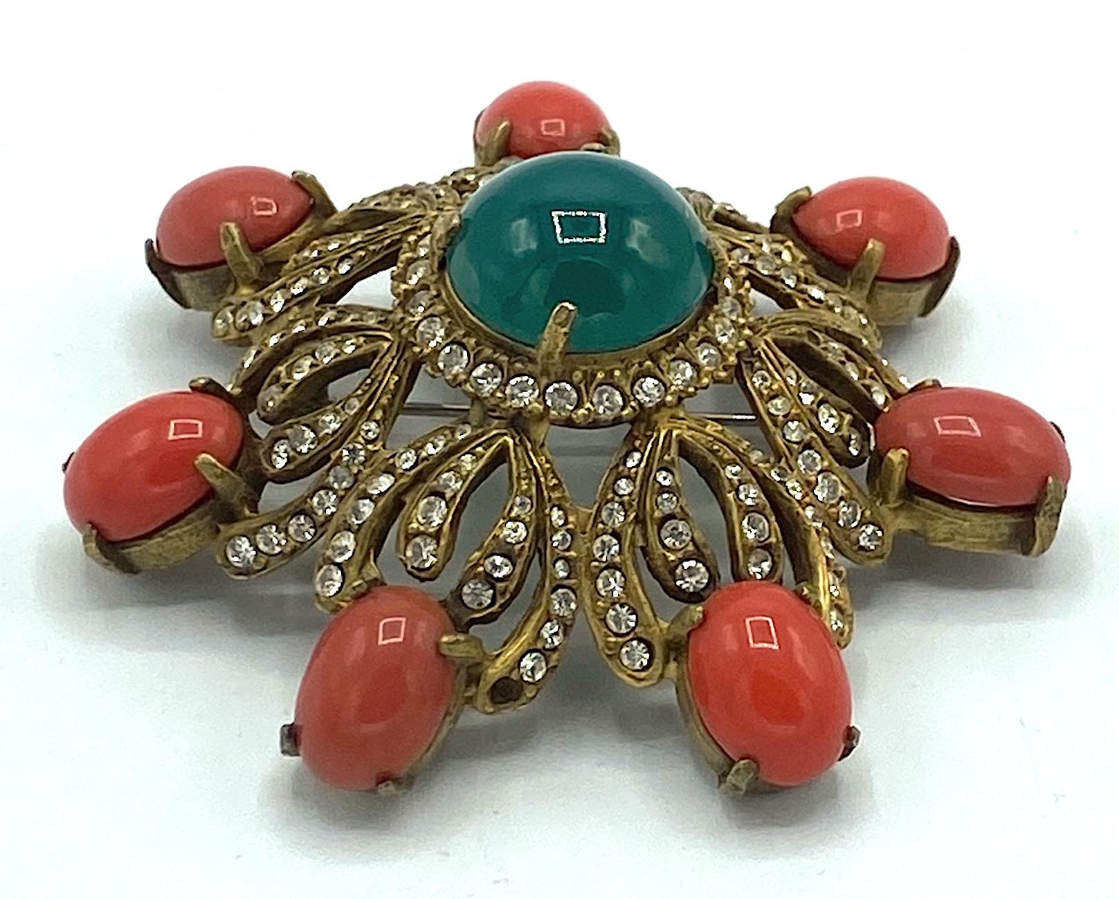 Pair of Early Kenneth Jay Lane K.J.L. Gold, Coral & Emerald Cabochon Pins In Good Condition In New York, NY