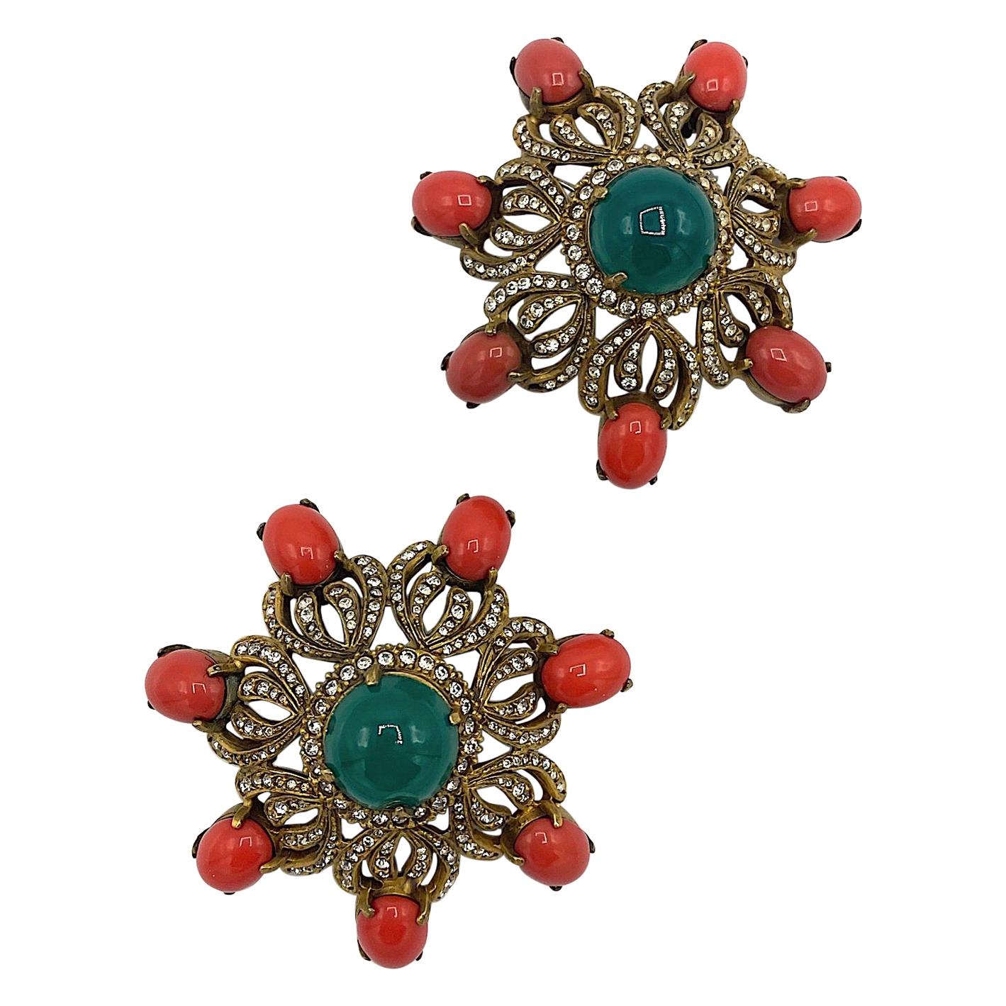 Pair of Early Kenneth Jay Lane K.J.L. Gold, Coral & Emerald Cabochon Pins