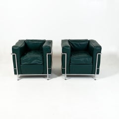 Pair of early Le Corbusier for Cassina LC2 Armchairs Sherwood Green Leather