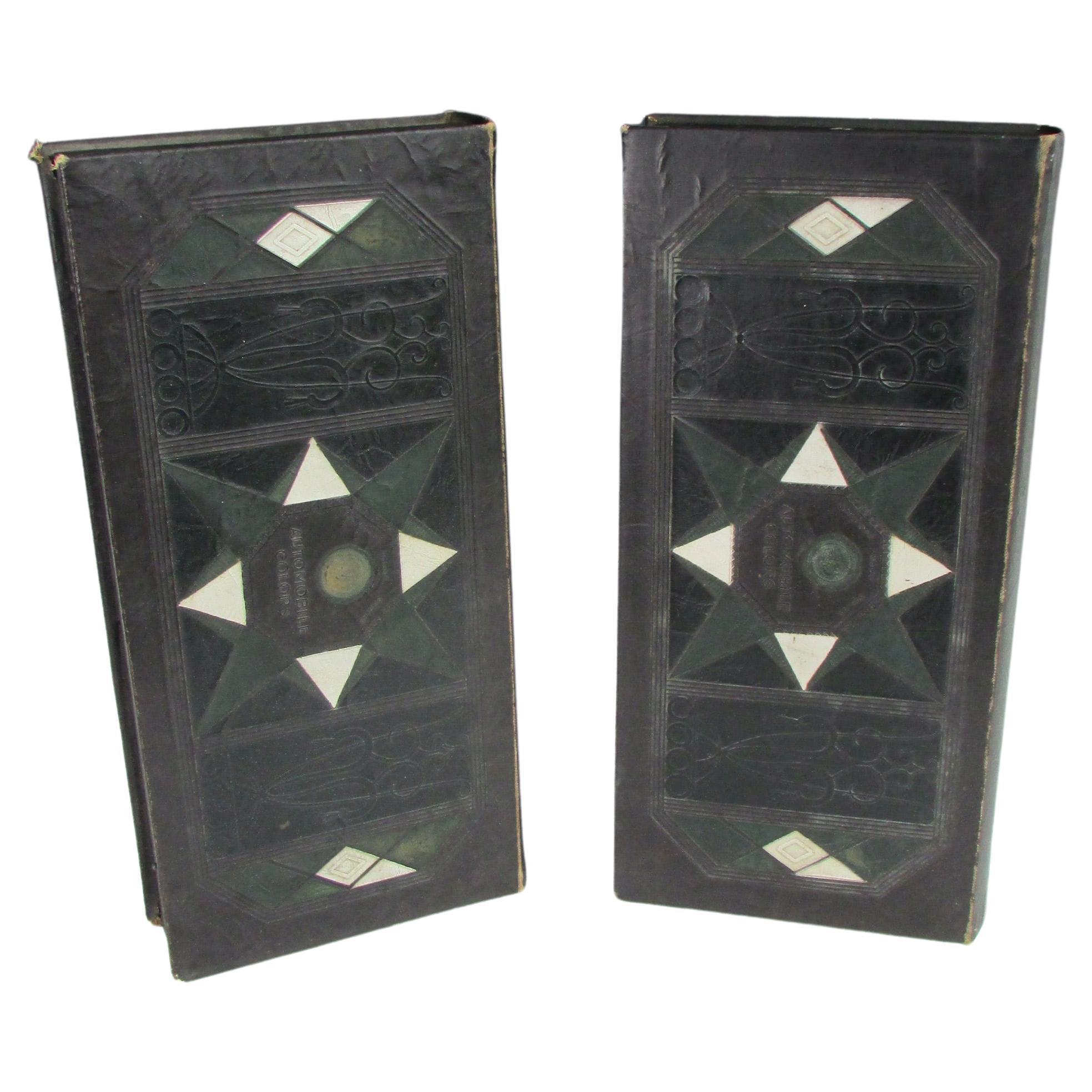 Pair of Early Leather Bound Ditzler Automotive Paint Chip Boxes For Sale