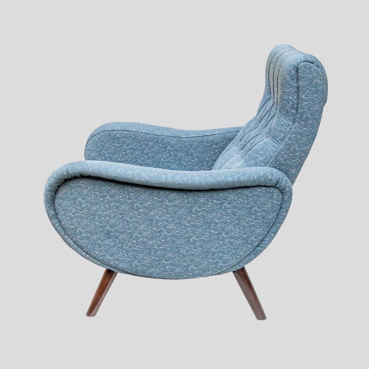 A pair of vintage 1950s armchairs Italian design. Light blue fabric upholstery tapered brown wood legs. Early Marco Zanuso 