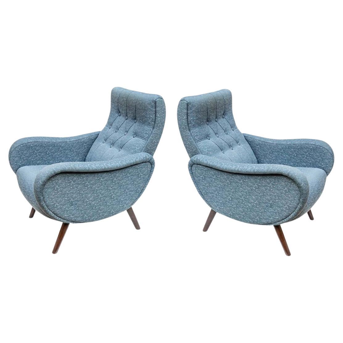 Pair of early Marco Zanuso design blue upholstery armchairs For Sale