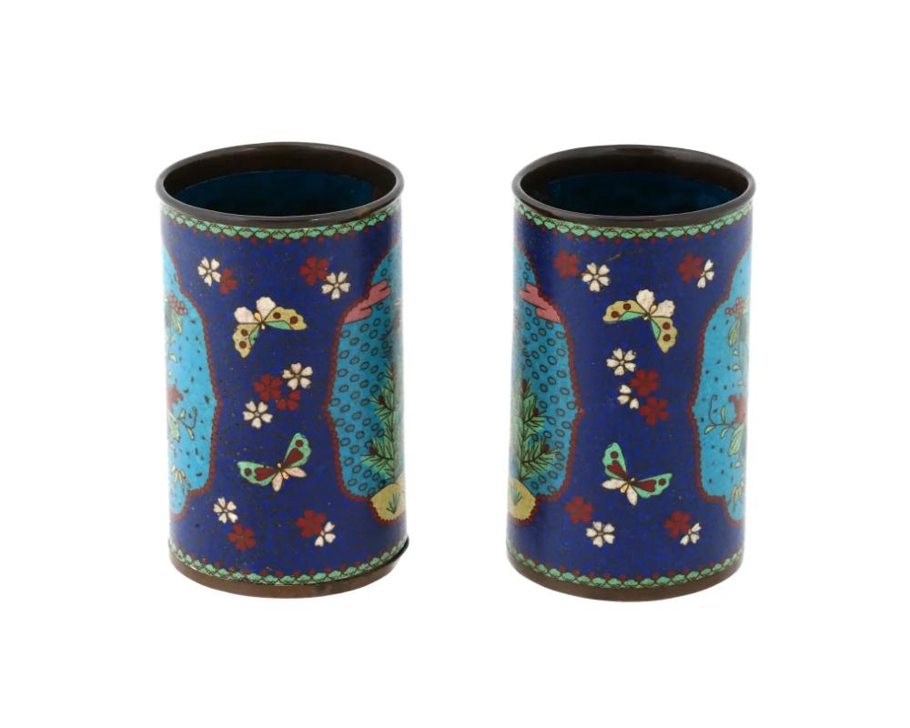 Cloissoné Pair Of Early Meiji Japanese Cloisonne Brush Pots For Sale