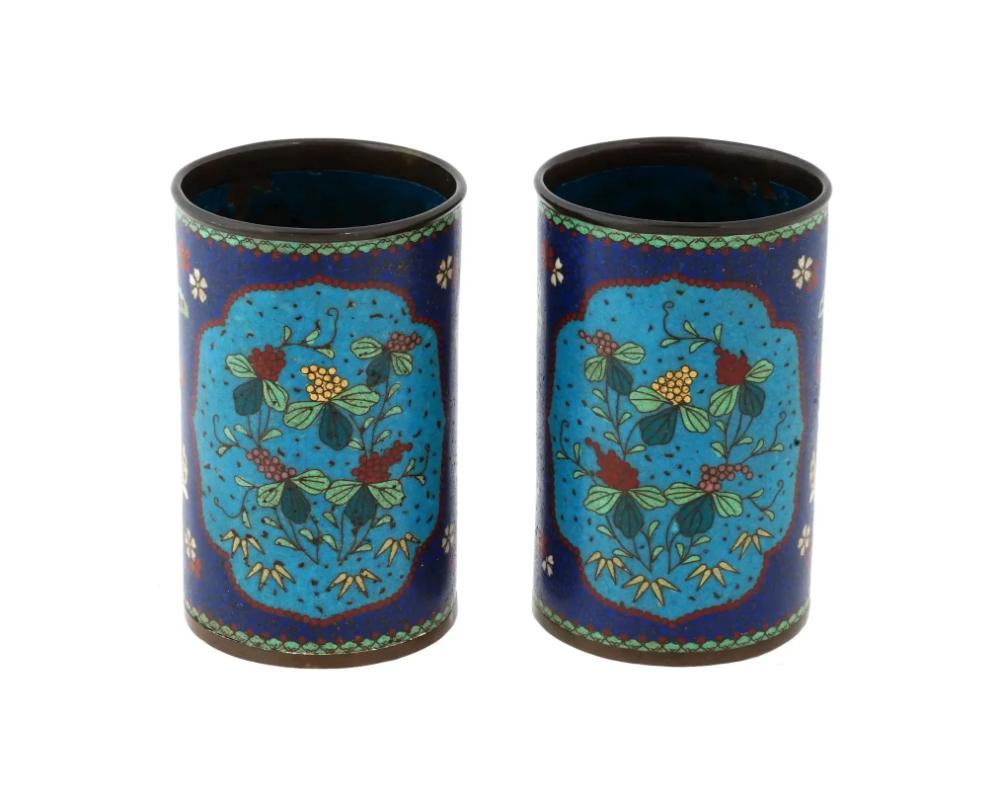 Pair Of Early Meiji Japanese Cloisonne Brush Pots In Good Condition For Sale In New York, NY