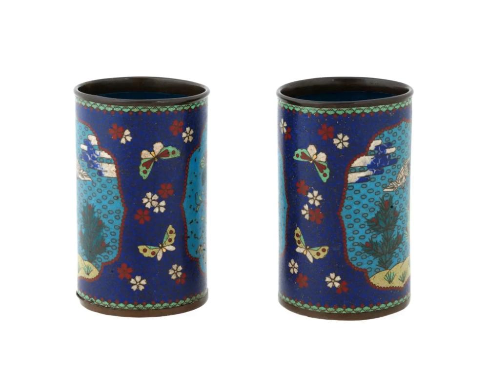 19th Century Pair Of Early Meiji Japanese Cloisonne Brush Pots For Sale