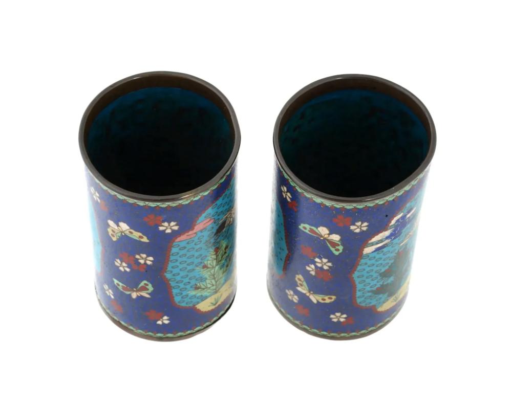 Enamel Pair Of Early Meiji Japanese Cloisonne Brush Pots For Sale