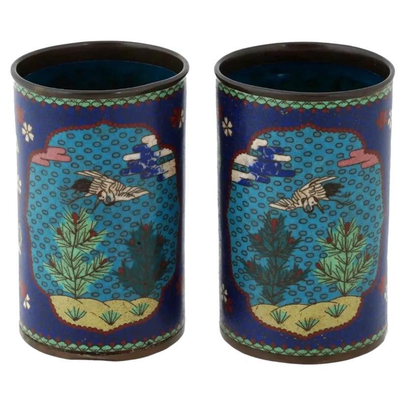 Pair Of Early Meiji Japanese Cloisonne Brush Pots For Sale