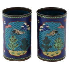 Antique Pair Of Early Meiji Japanese Cloisonne Brush Pots