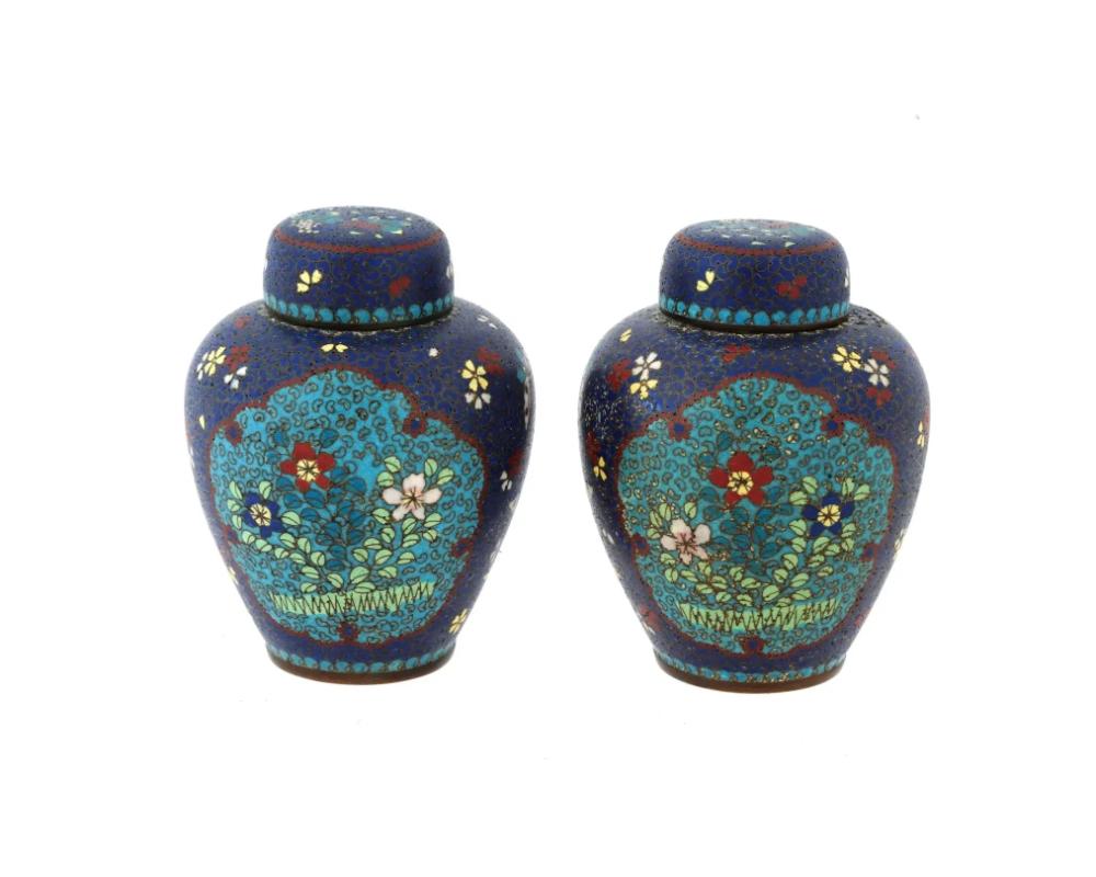 A pair of antique Japanese late Meiji era, 1868 to 1912, covered ginger jars. The exterior of both matched pieces is enameled with polychrome enamel blossoming flowers and butterflies on a cobalt blue ground, and features two turquoise colored