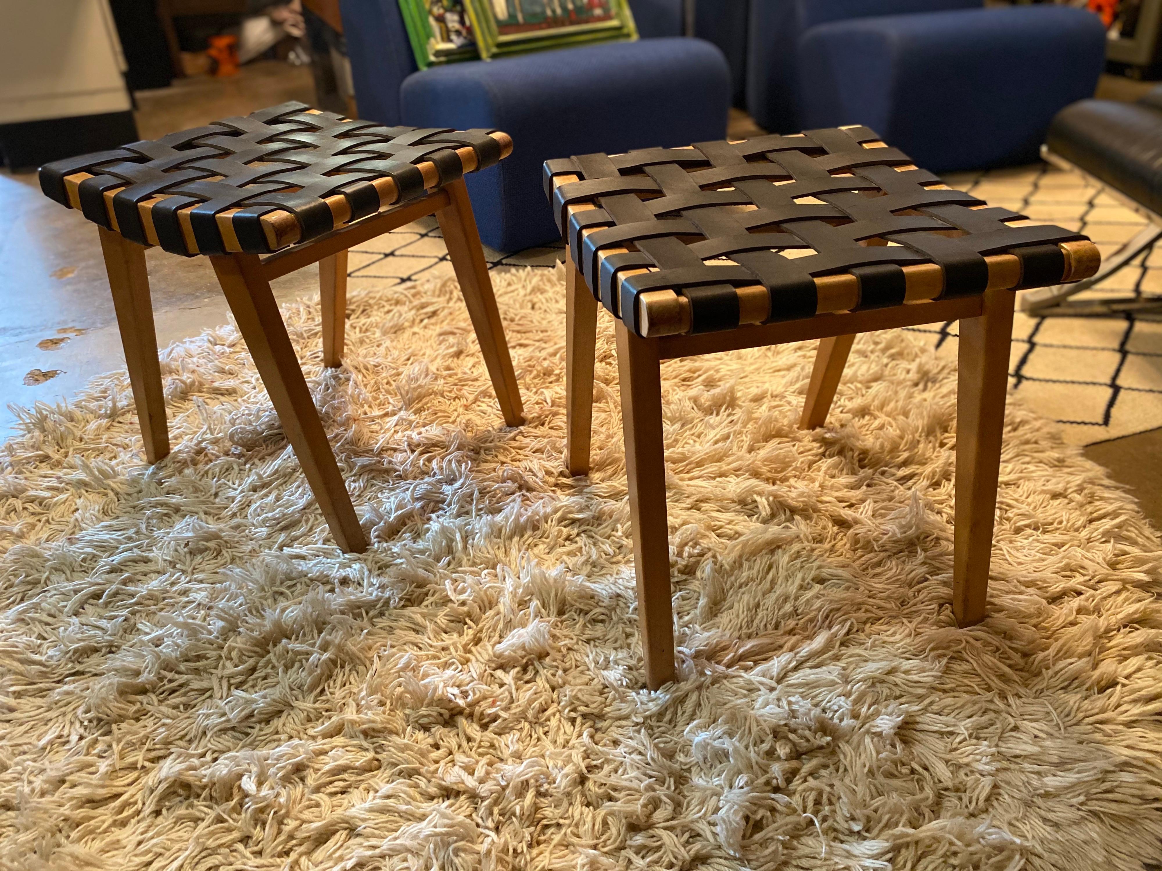Leather Pair of Early Mid-Century Jens Risom Knoll Stools