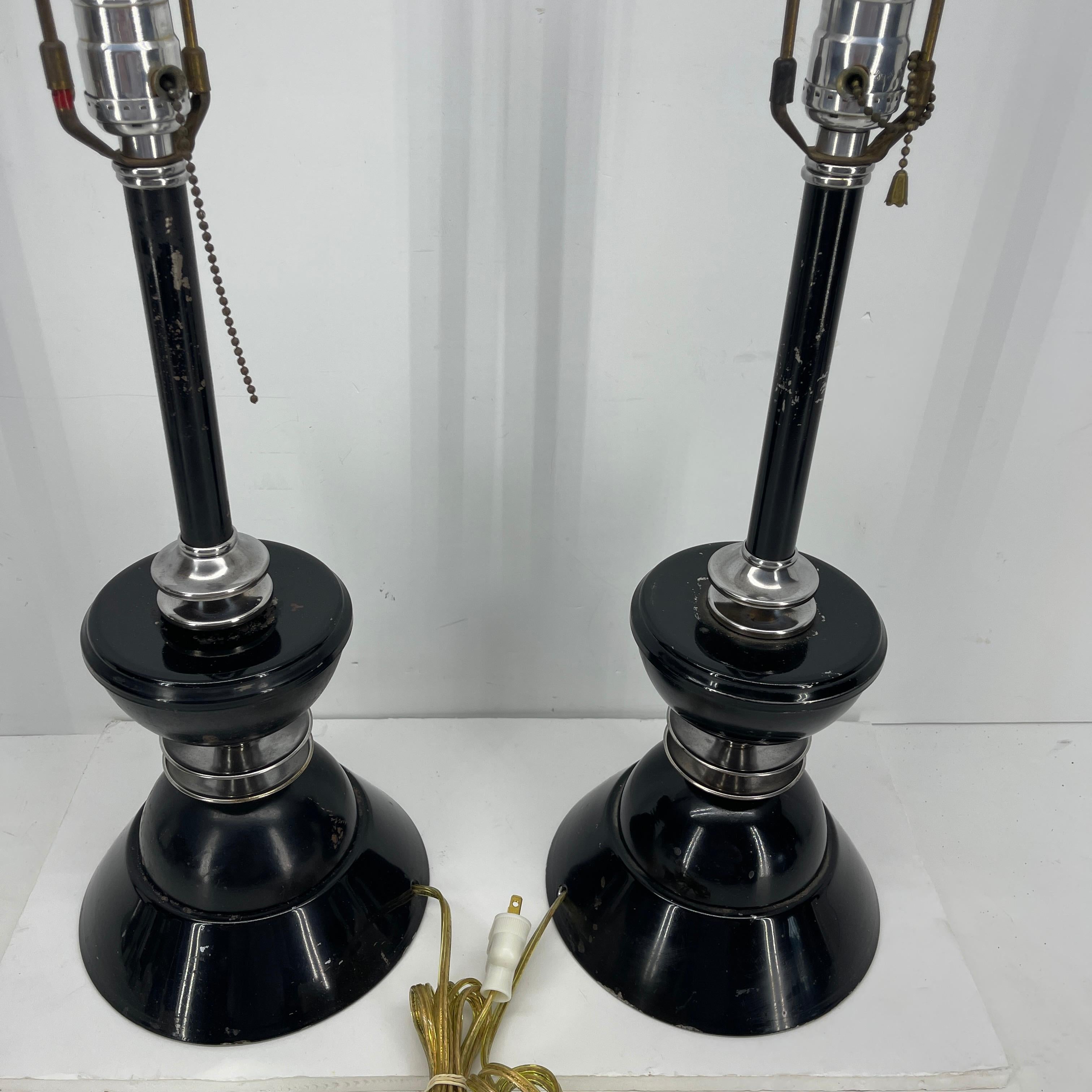Pair of Early Mid-Century Modern Black Toleware Chrome Lamps For Sale 8