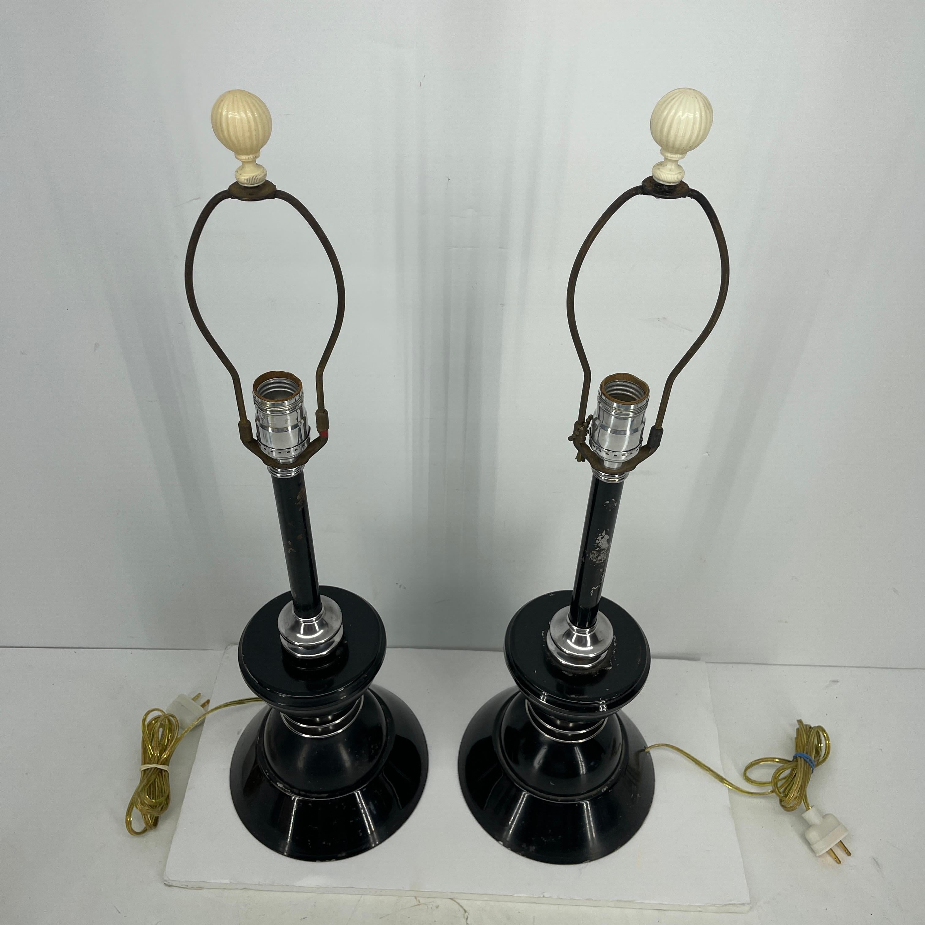 American Pair of Early Mid-Century Modern Black Toleware Chrome Lamps For Sale