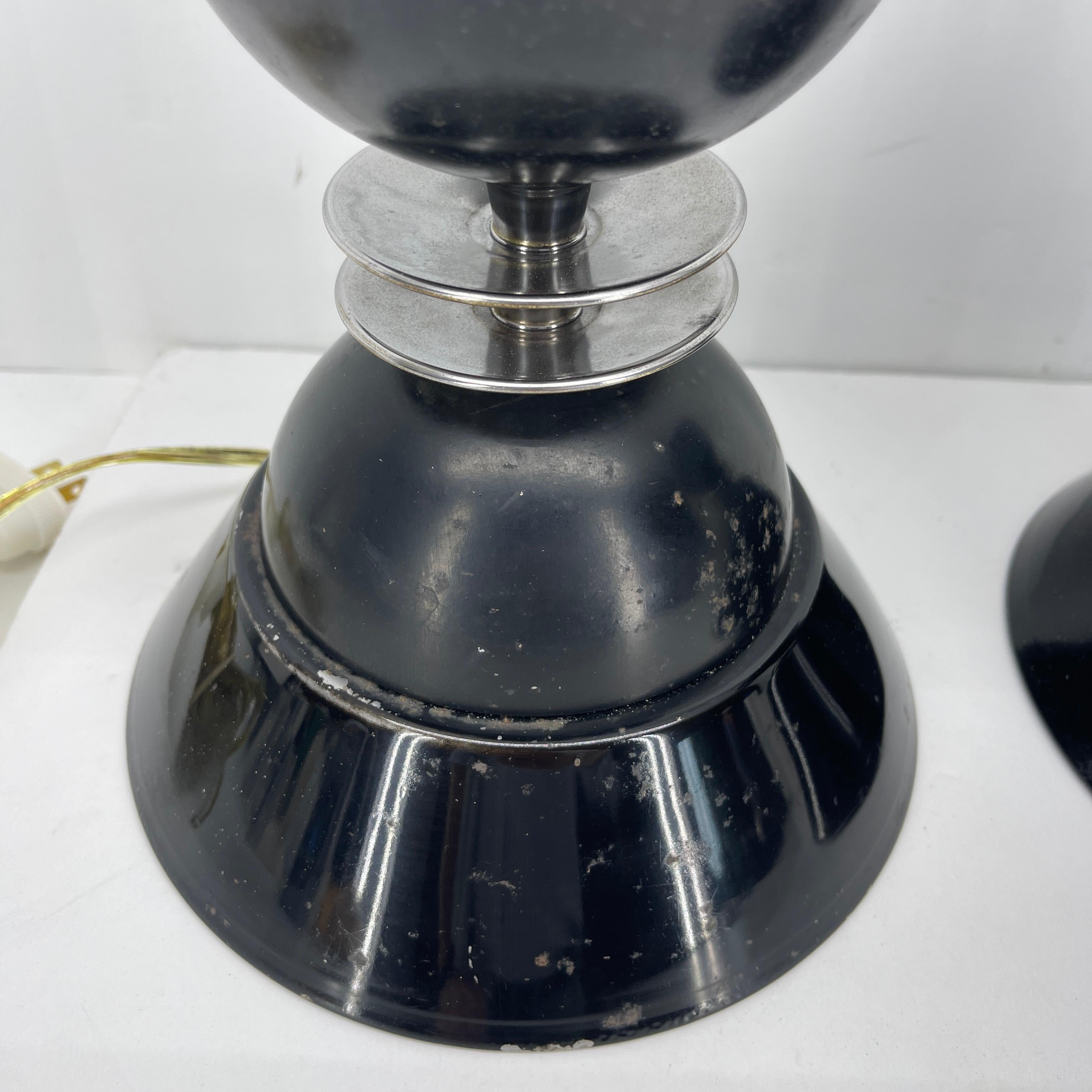 Pair of Early Mid-Century Modern Black Toleware Chrome Lamps For Sale 1
