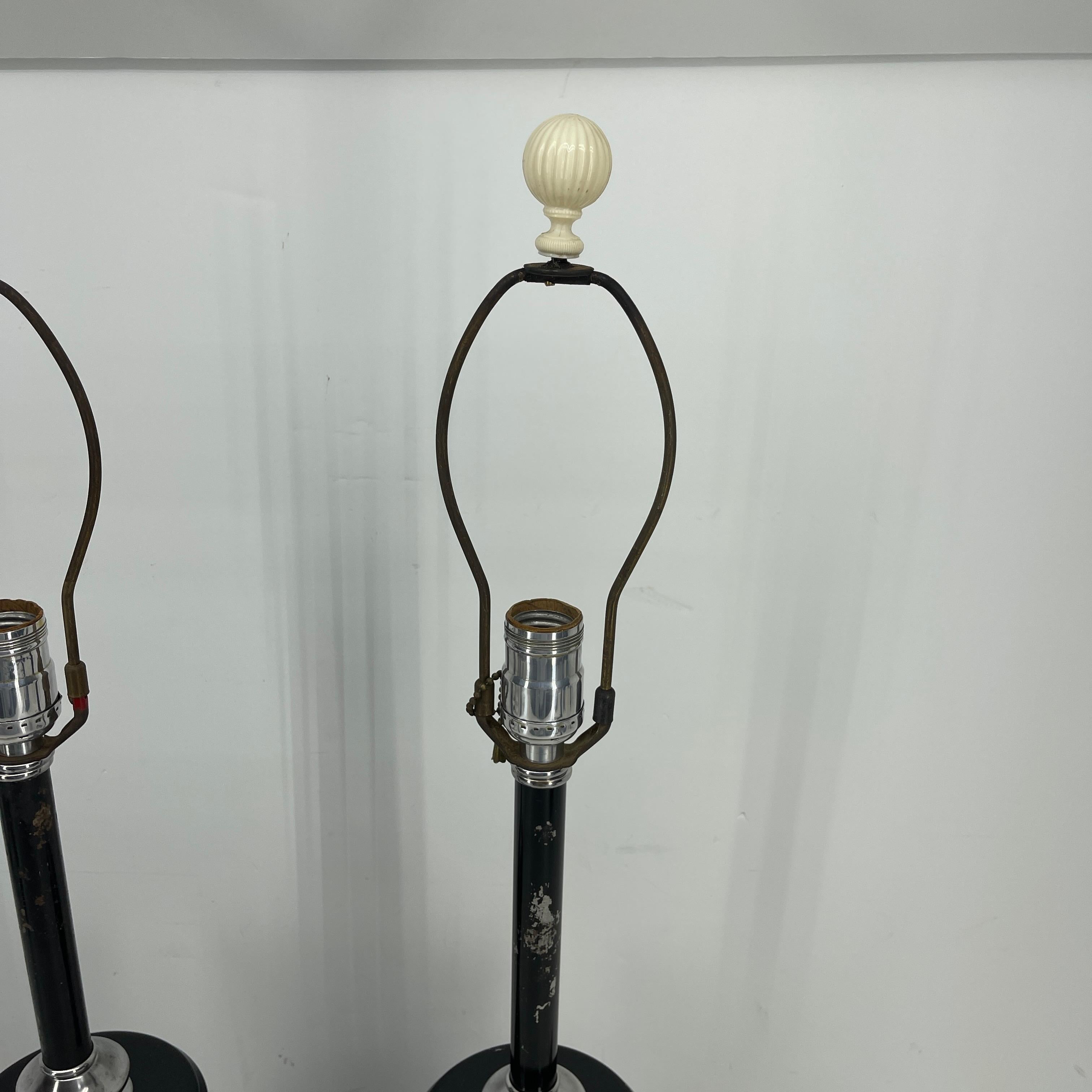 Pair of Early Mid-Century Modern Black Toleware Chrome Lamps For Sale 3
