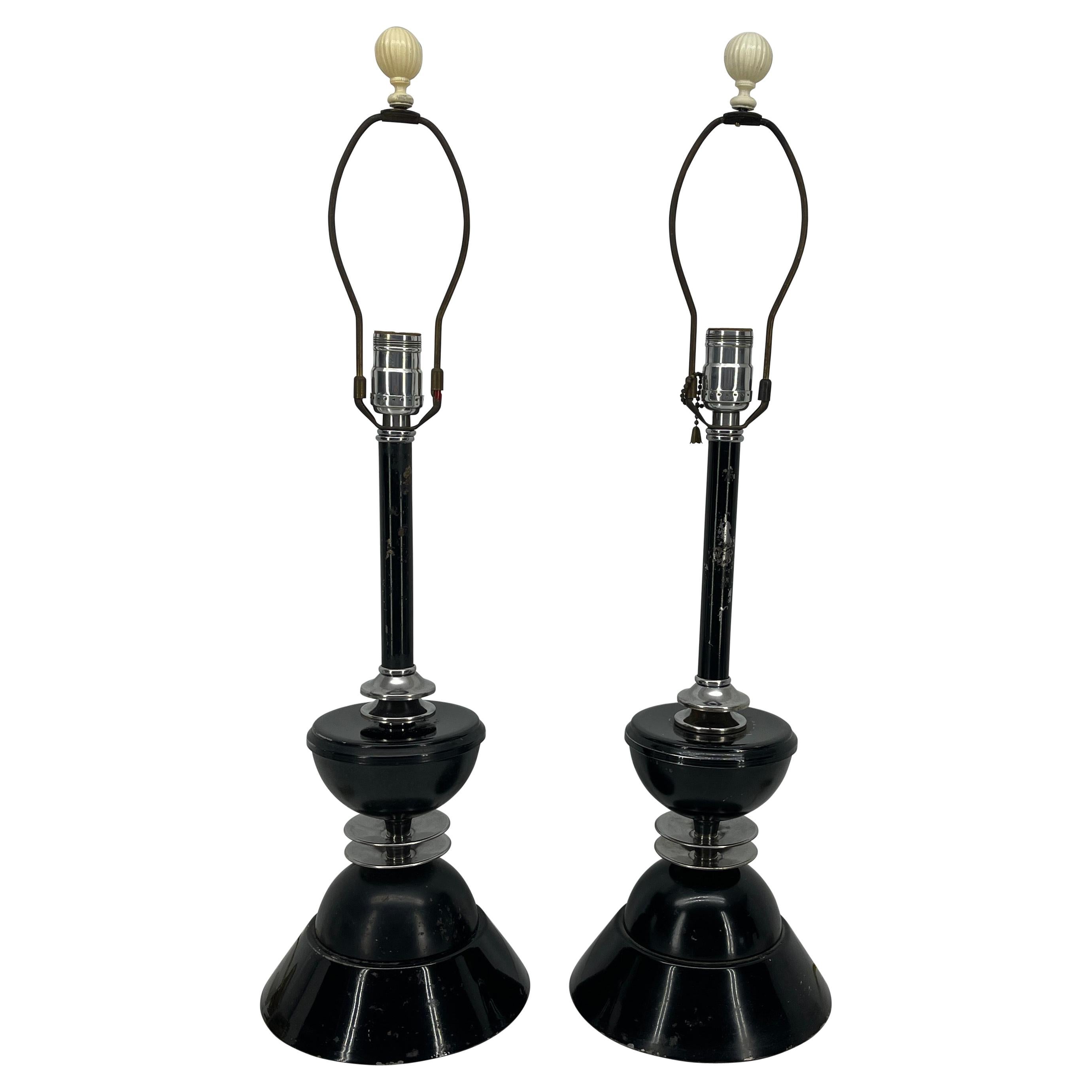 Pair of Early Mid-Century Modern Black Toleware Chrome Lamps