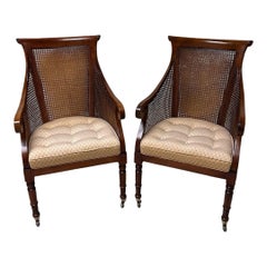 Pair of Early Mid-Century Regency Caned Library Chairs With Quilted Upholstery