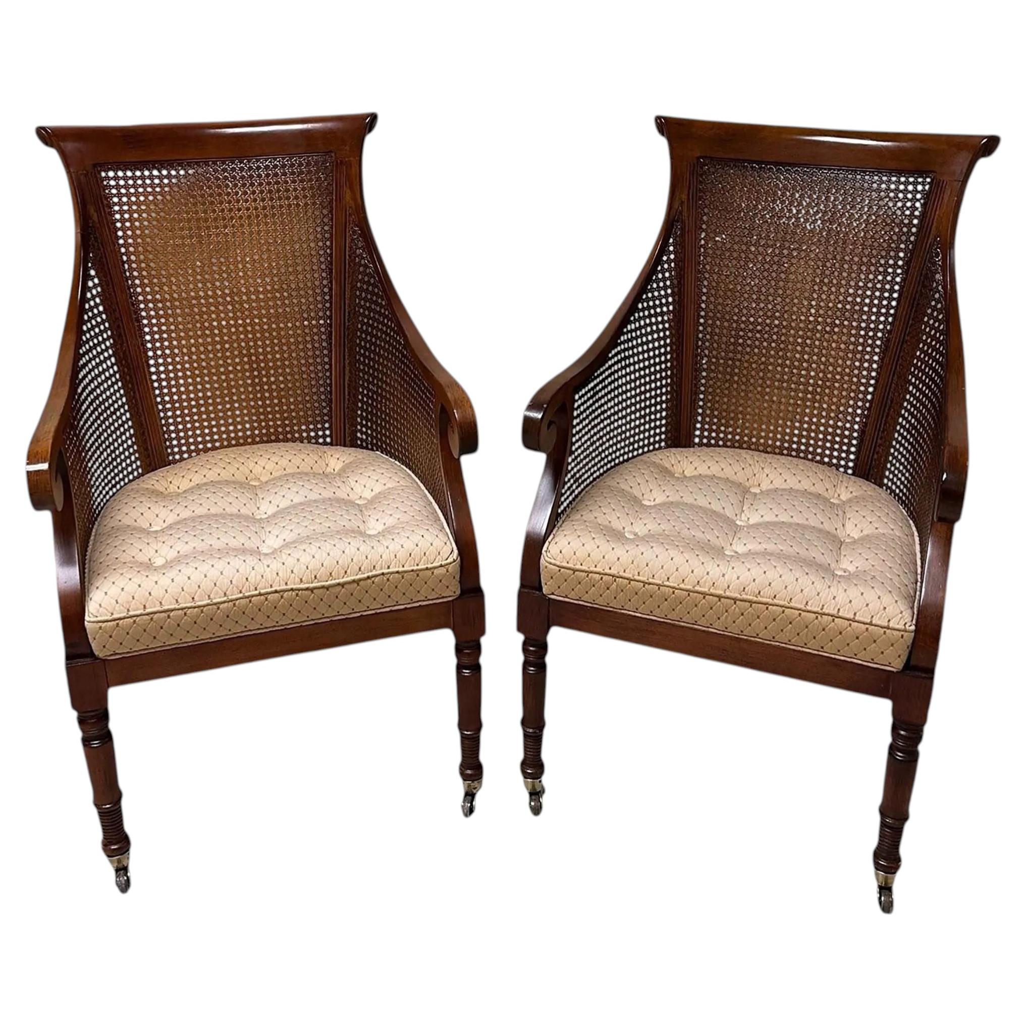 Pair of Early Mid-Century Regency Caned Library Chairs With Quilted Upholstery For Sale