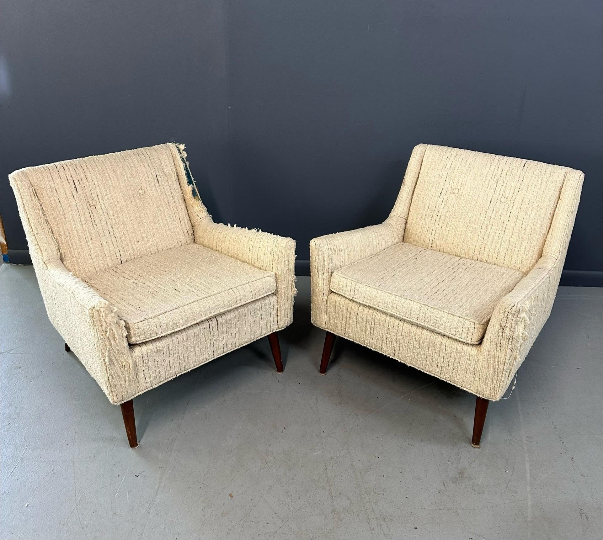 Mid-Century Modern Pair of Early Milo Baughman Style Mid Century Armchairs with Walnut Legs