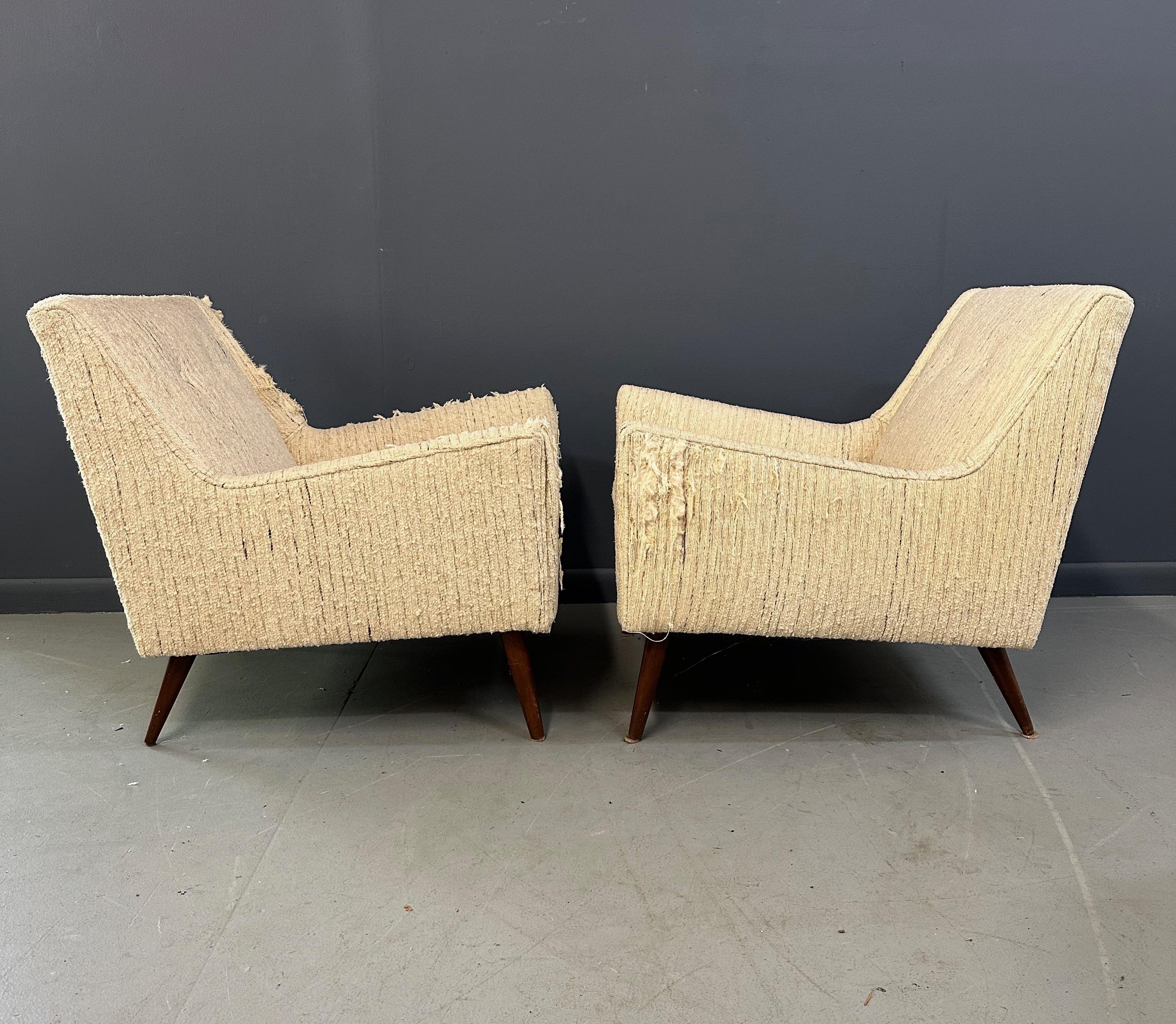 North American Pair of Early Milo Baughman Style Mid Century Armchairs with Walnut Legs