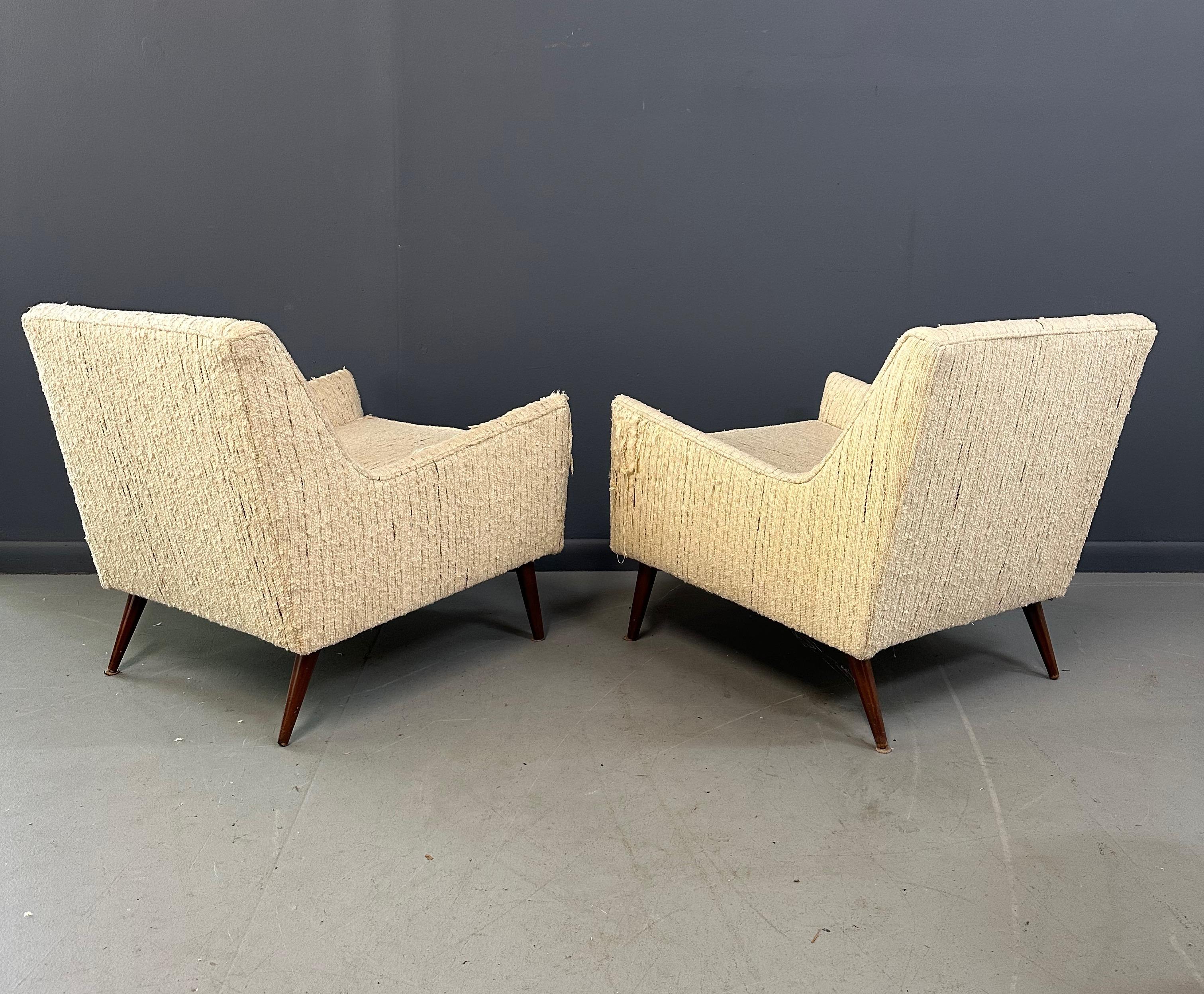 Pair of Early Milo Baughman Style Mid Century Armchairs with Walnut Legs In Good Condition In Philadelphia, PA